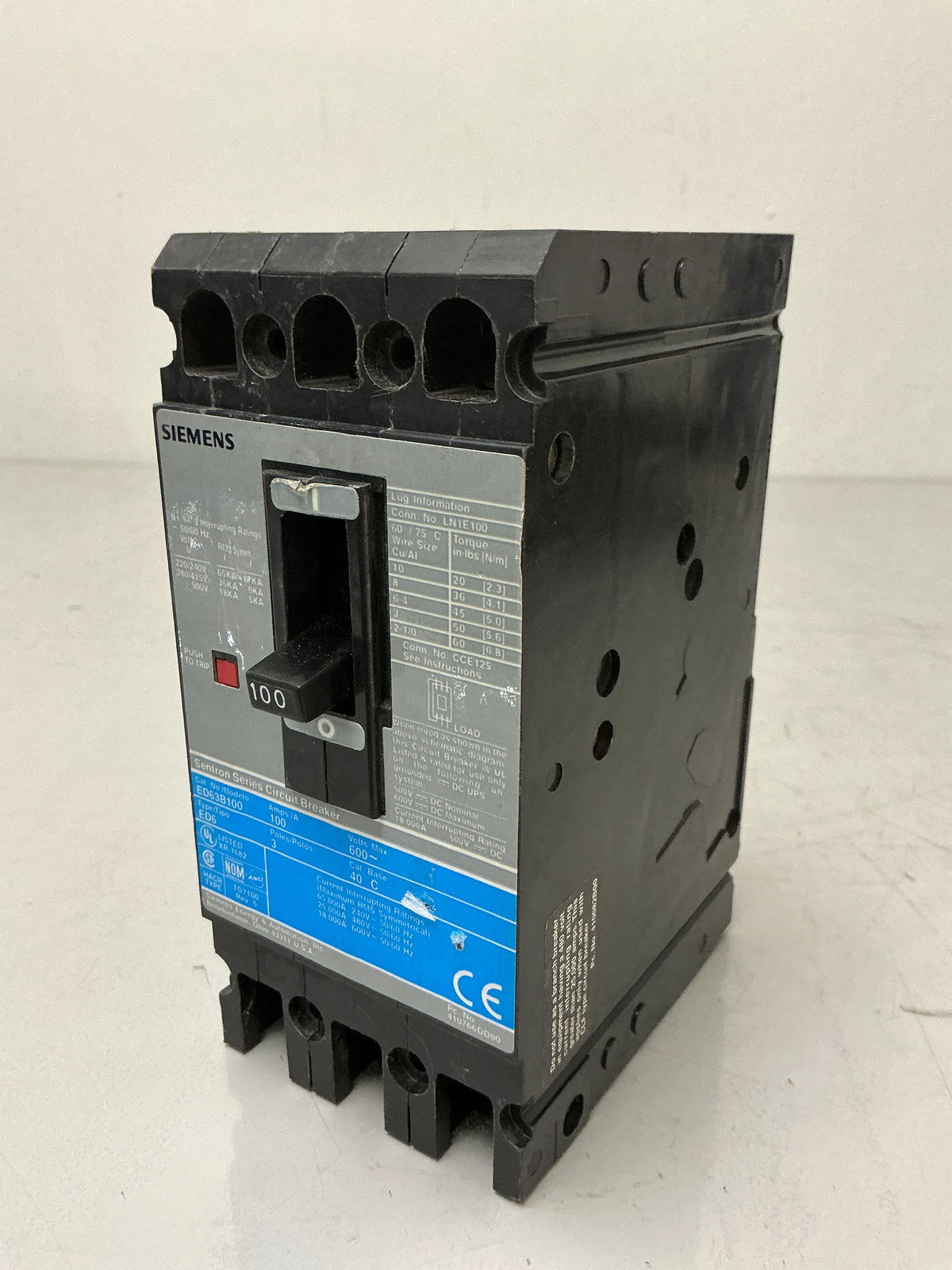Used Siemens ED63B100 3 Pole, 100 Amps, 600 Volts Circuit Breaker