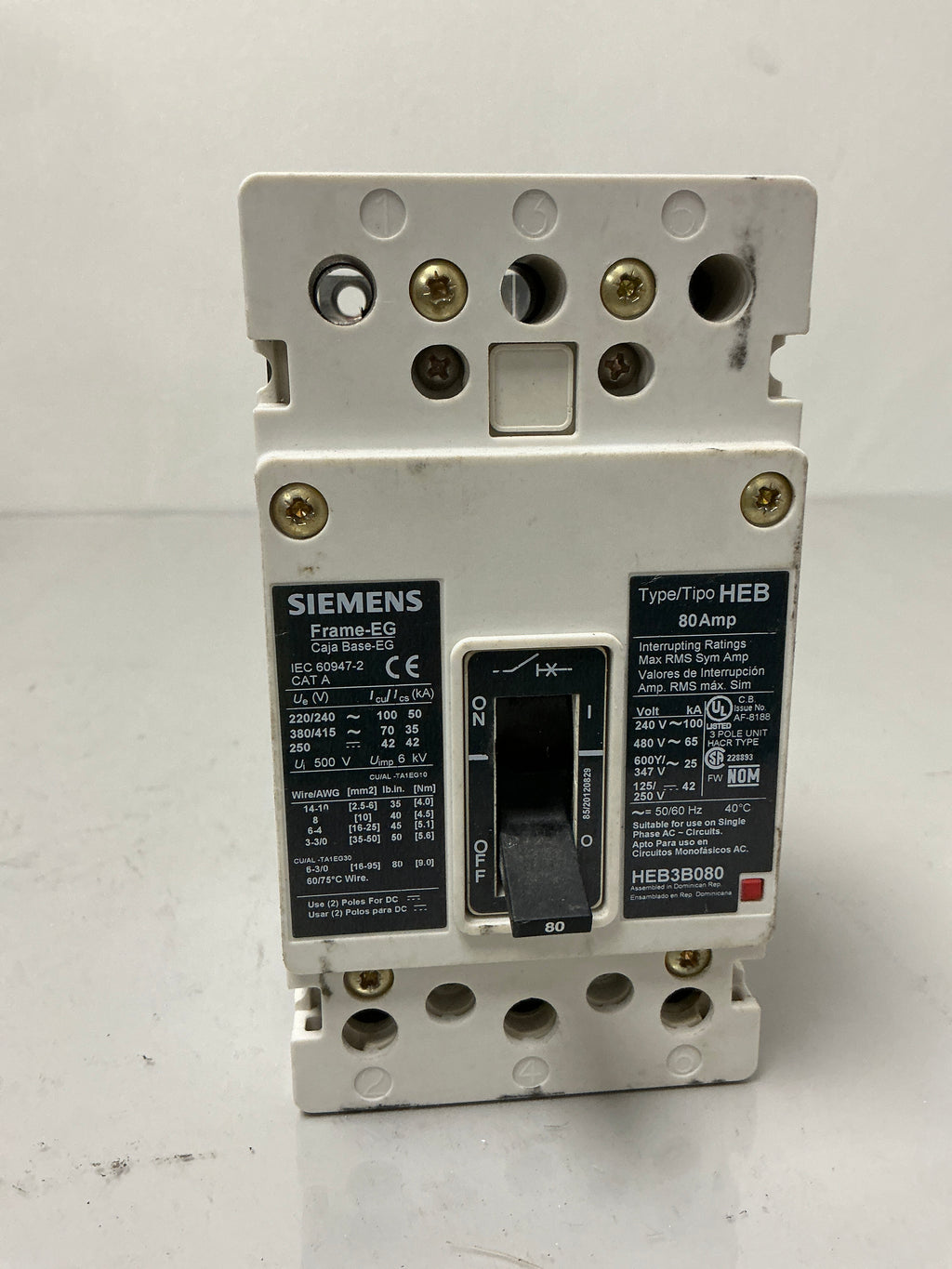 Used Siemens HEB3B080 3 Pole, 80 amps, Circuit Breaker