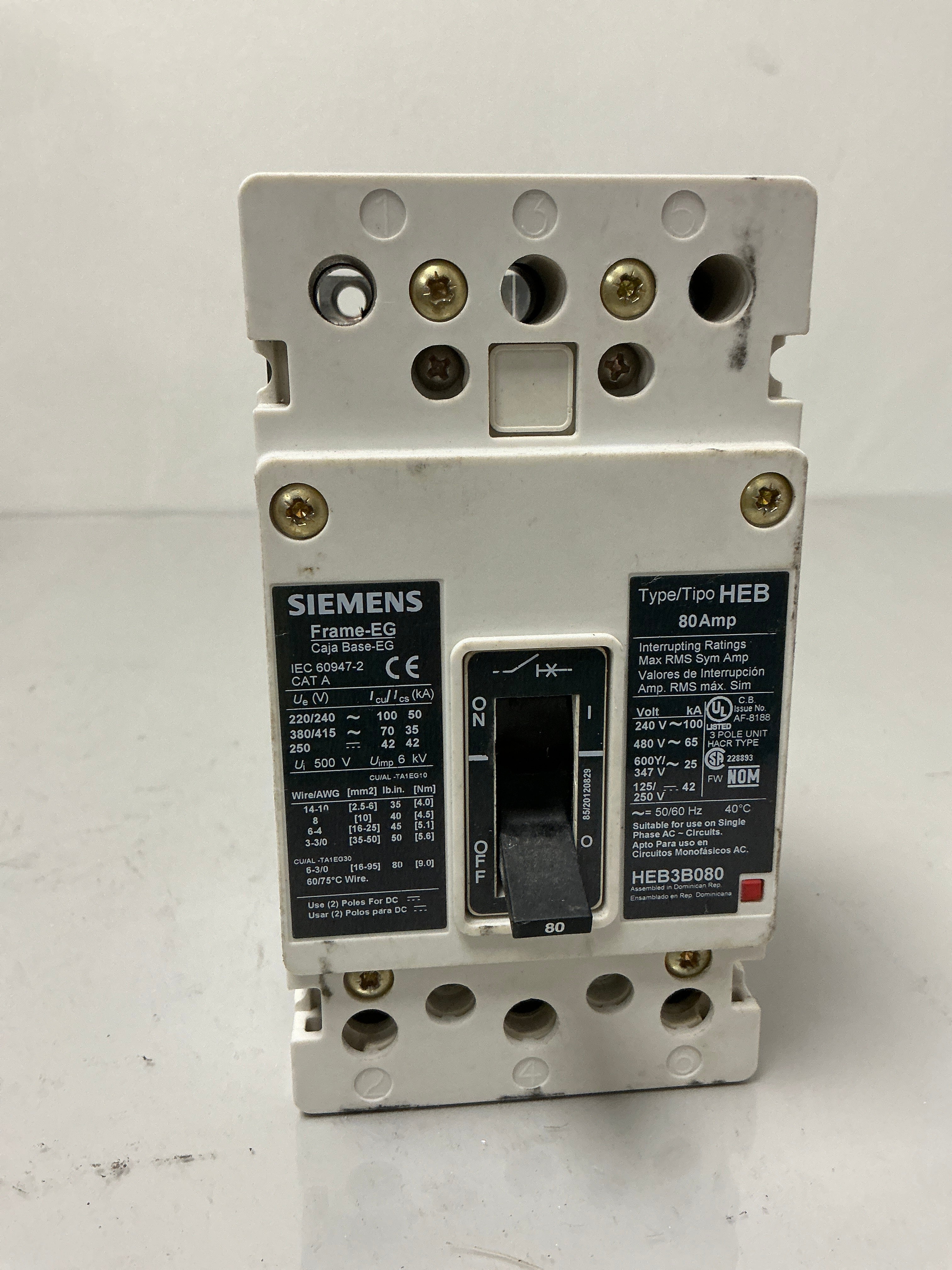 Used Siemens HEB3B080 3 Pole, 80 amps, Circuit Breaker