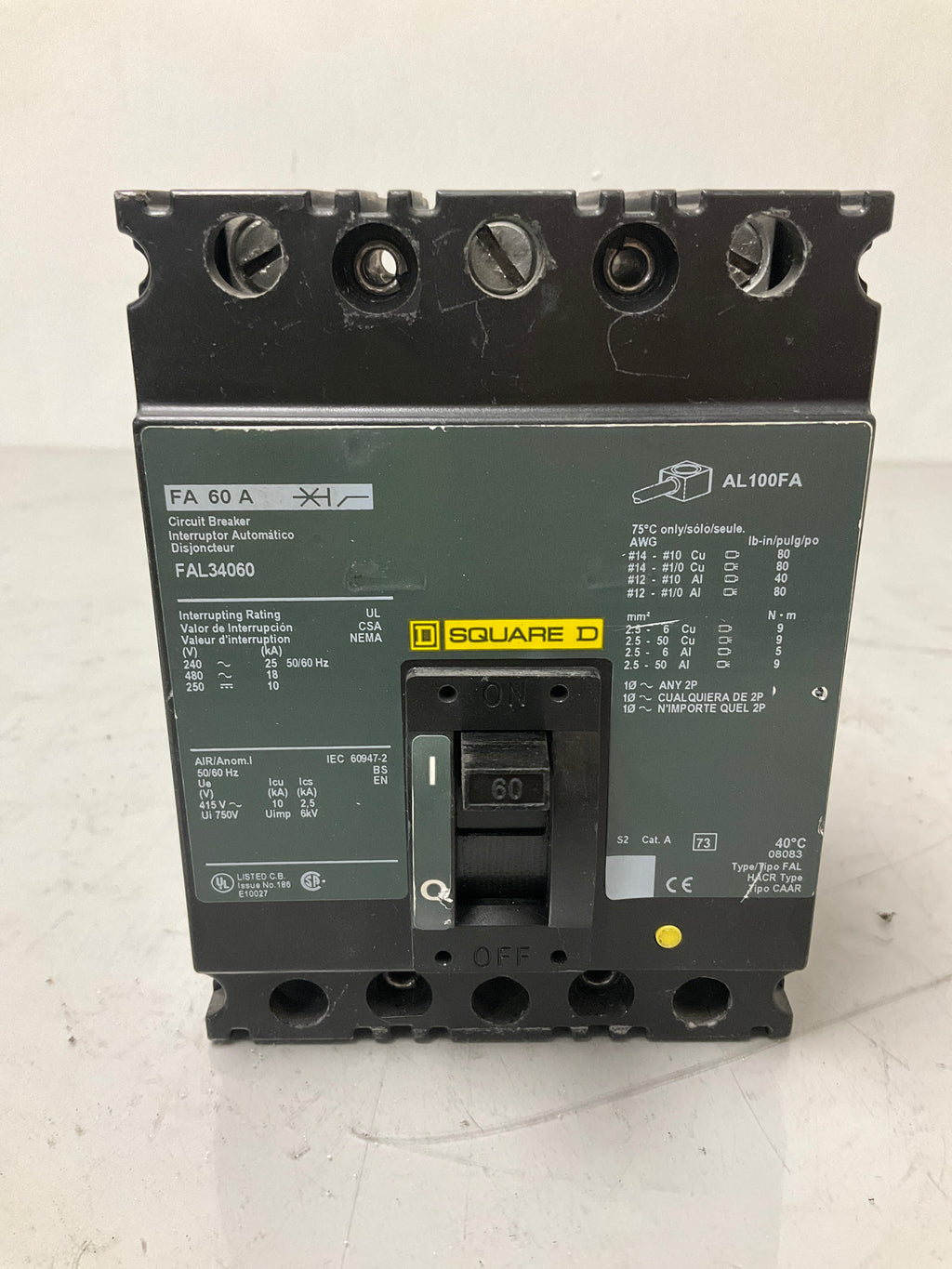 Used Square D FAL34060 3 Pole, 60 Amps, 600 Volts Circuit Breaker