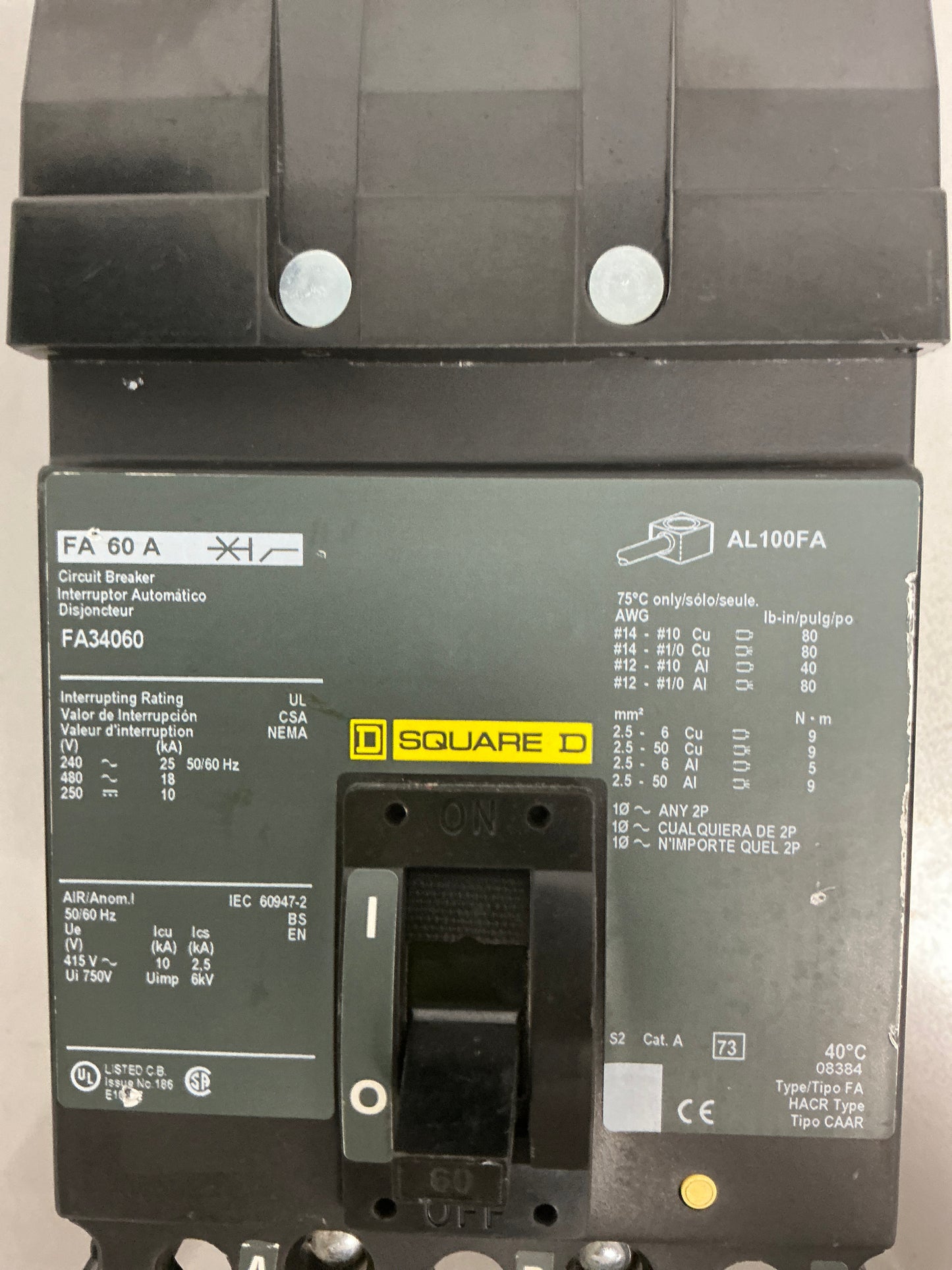 Used Square D FA34060 3 Pole, 60 Amps, Circuit Breaker