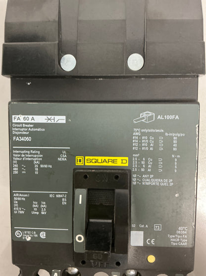 Used Square D FA34060 3 Pole, 60 Amps, Circuit Breaker