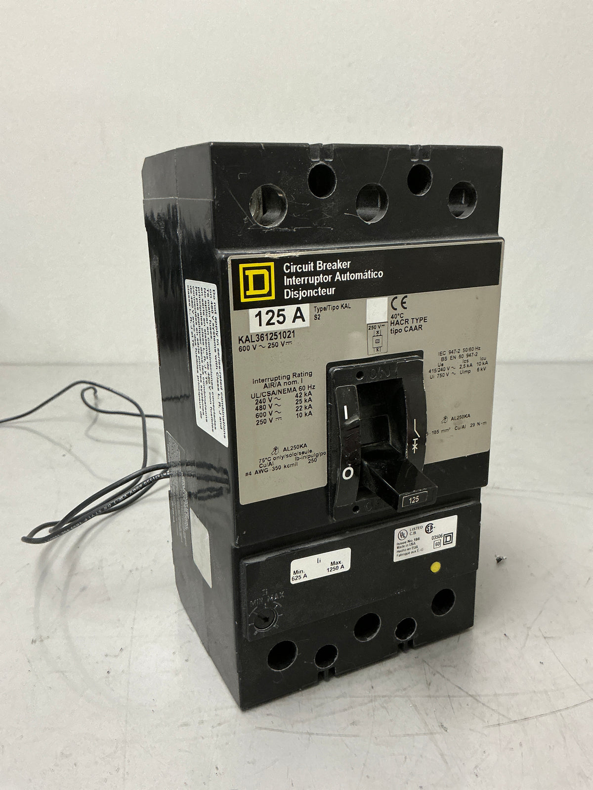 Used Square D KAL361251021 3 Pole, 125 Amps, 600 Volts Circuit Breaker