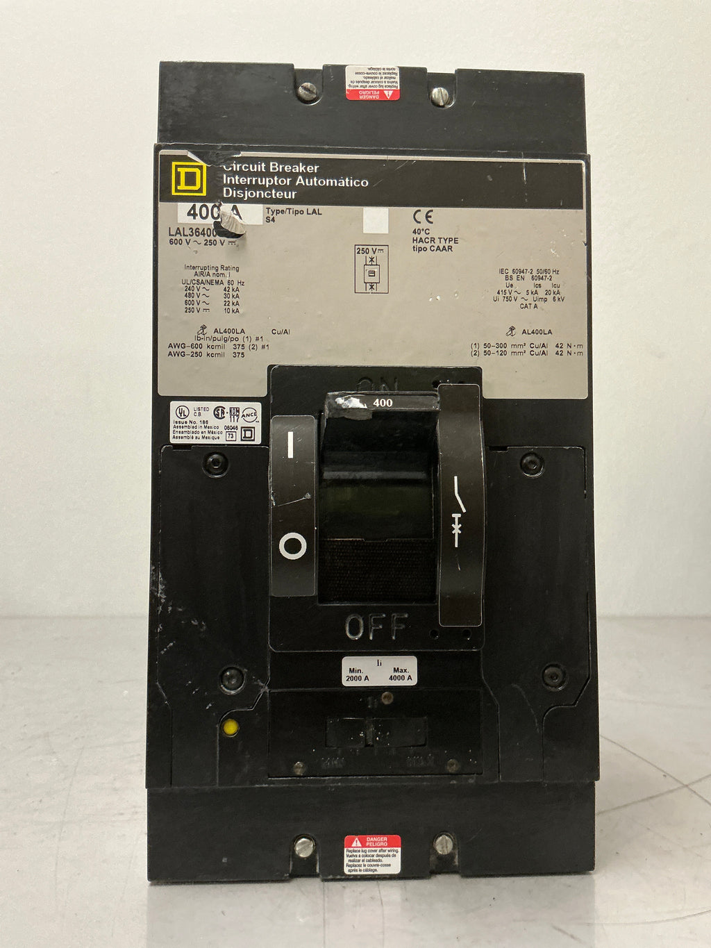 Used Square D LAL36400 3 Pole, 400 Amps, 600 Volts Circuit Breaker