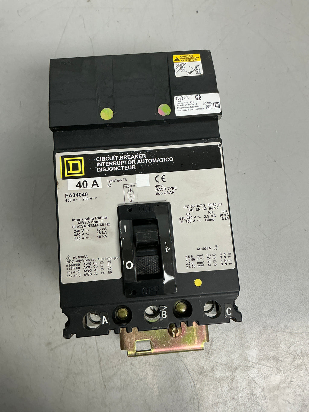 Used Square D FA34040 3 Pole, 40 Amps, 480 Volts