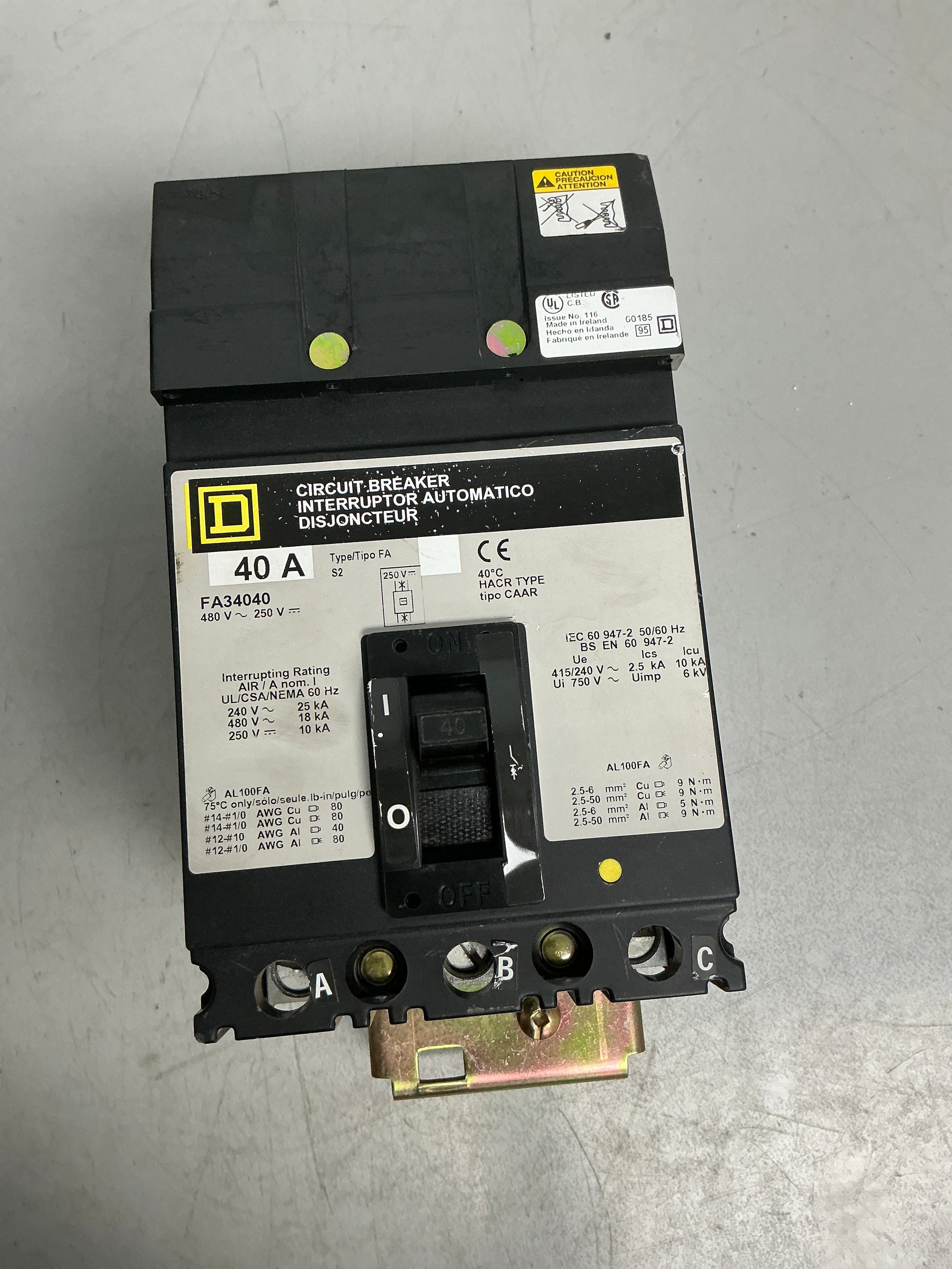 Used Square D FA34040 3 Pole, 40 Amps, 480 Volts