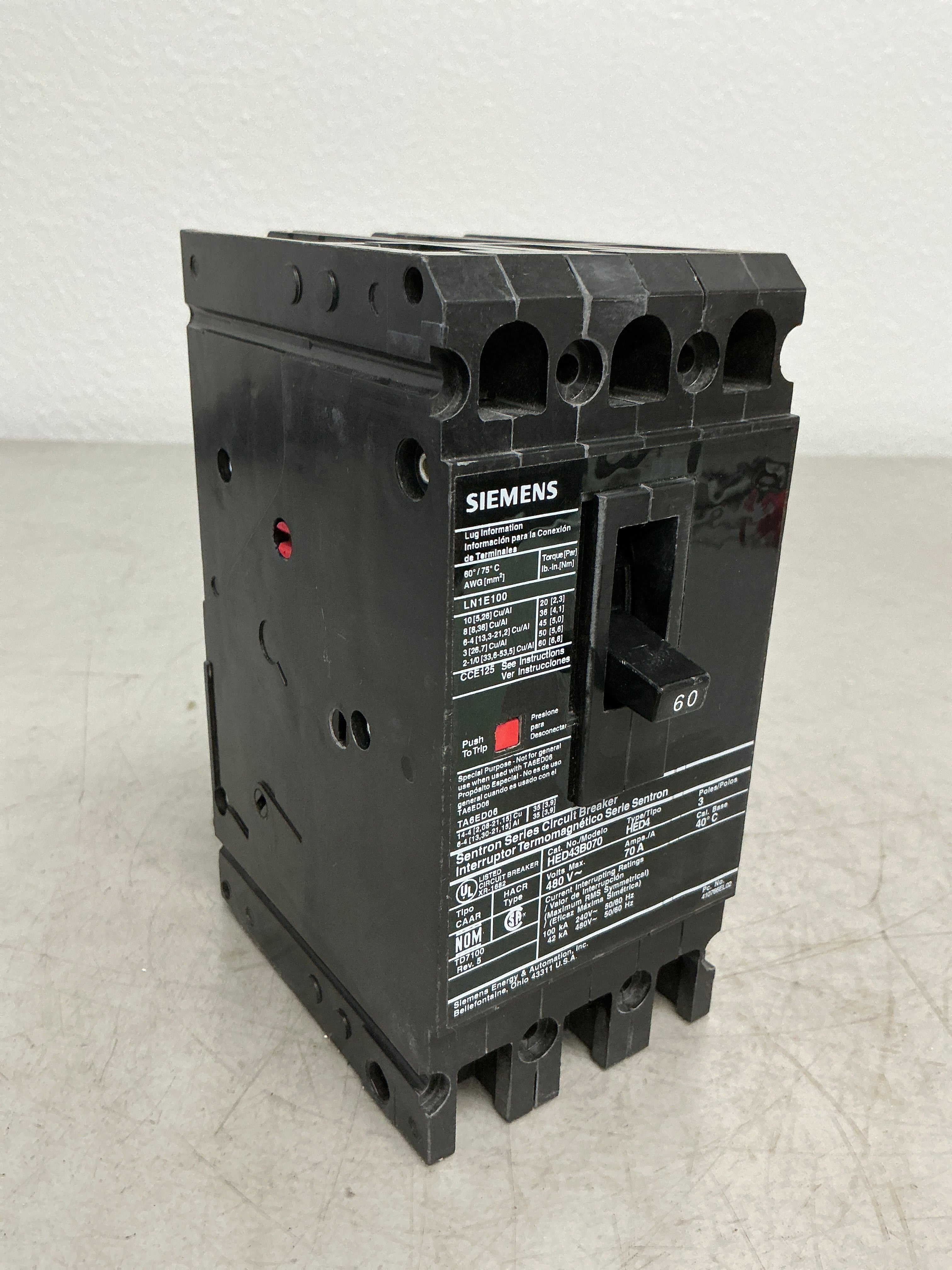 Used Siemens HED43B060 3 Pole, 60 Amps, Circuit Breaker