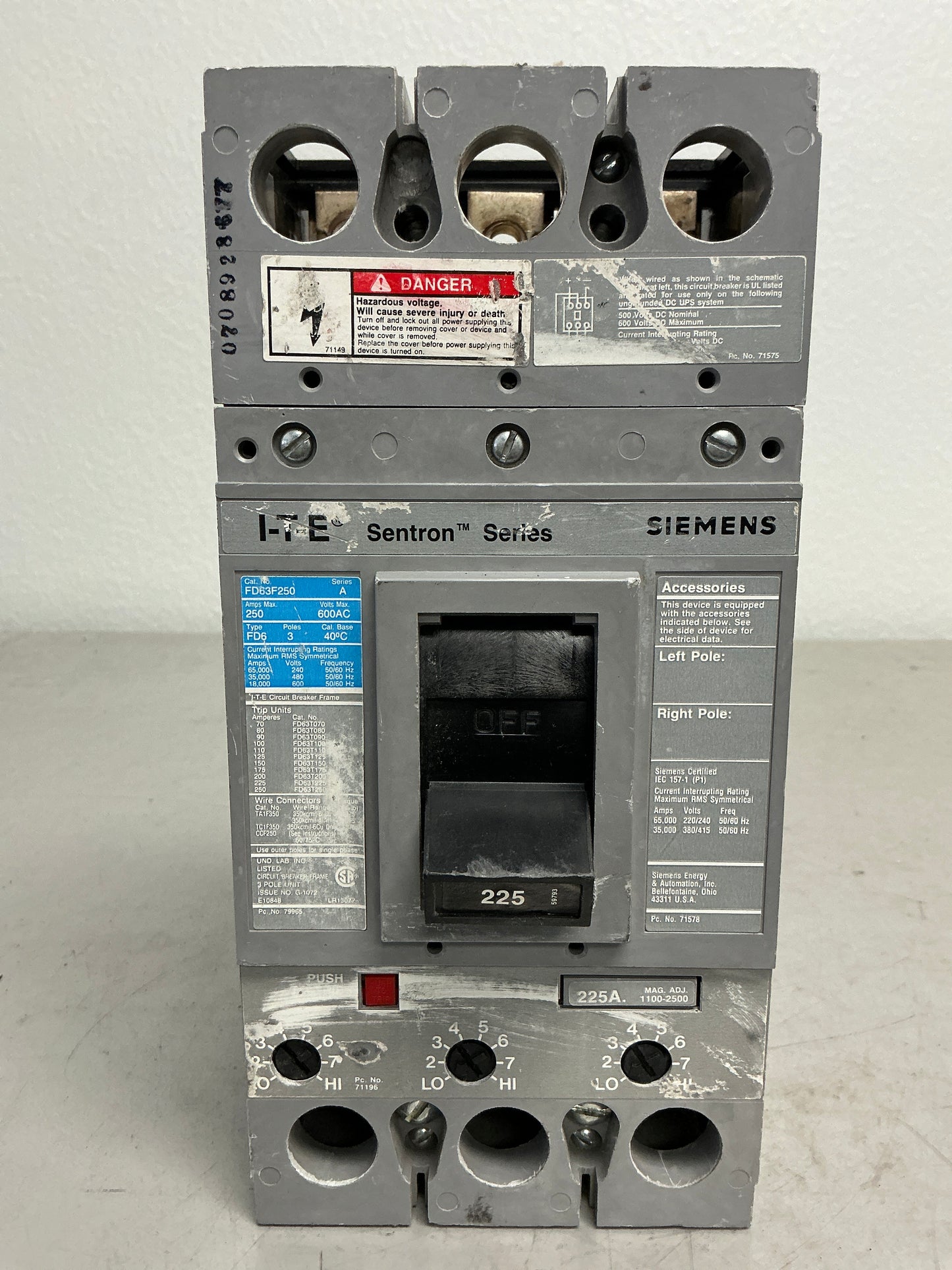 Used Siemens FD63B225, 225 Amps, 3 Pole, 600 Volts