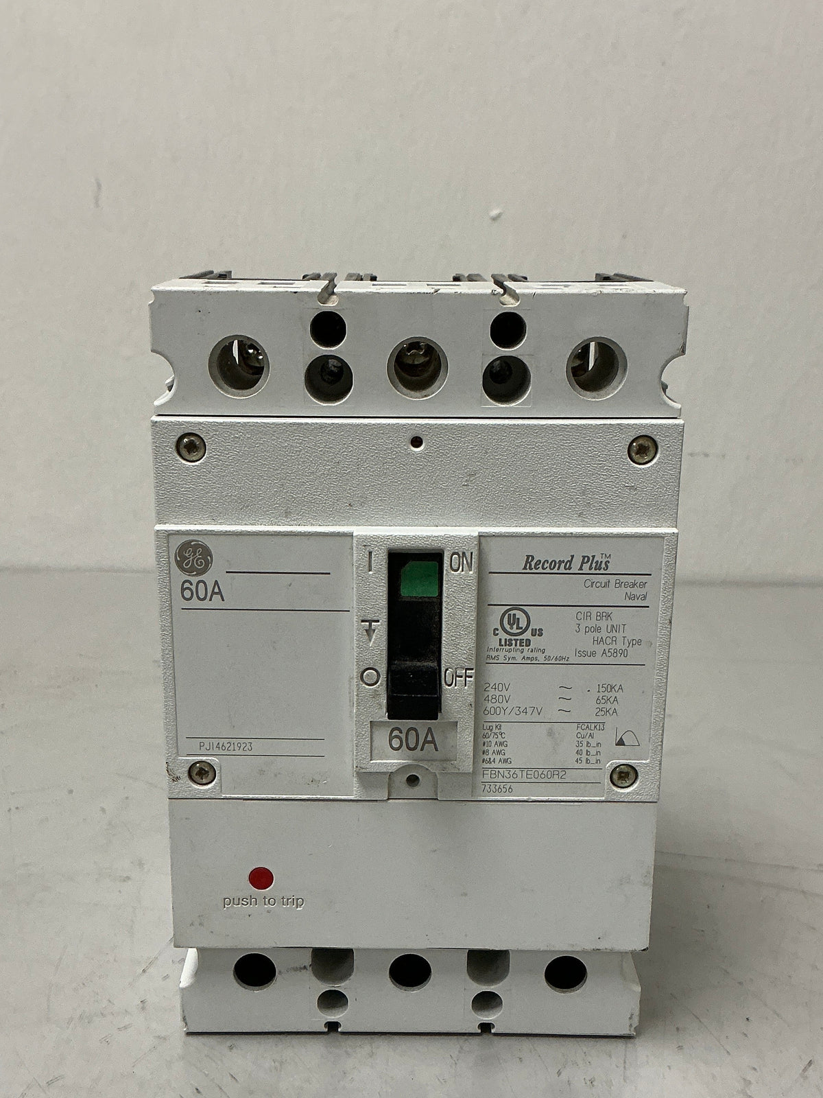 Used GE FBN36TE060R2 3Pole, 60Amps, 480 Volts Circuit Breaker