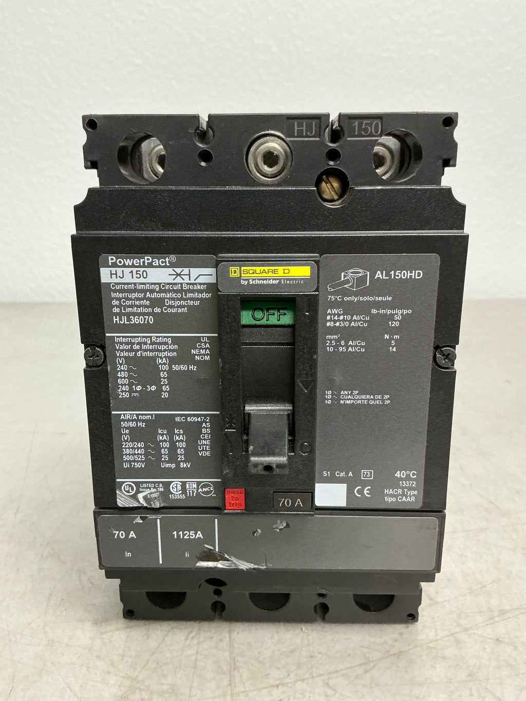 Used Square D HJL36070 3 Pole, 70 Amps, 600 Volts Circuit Breaker