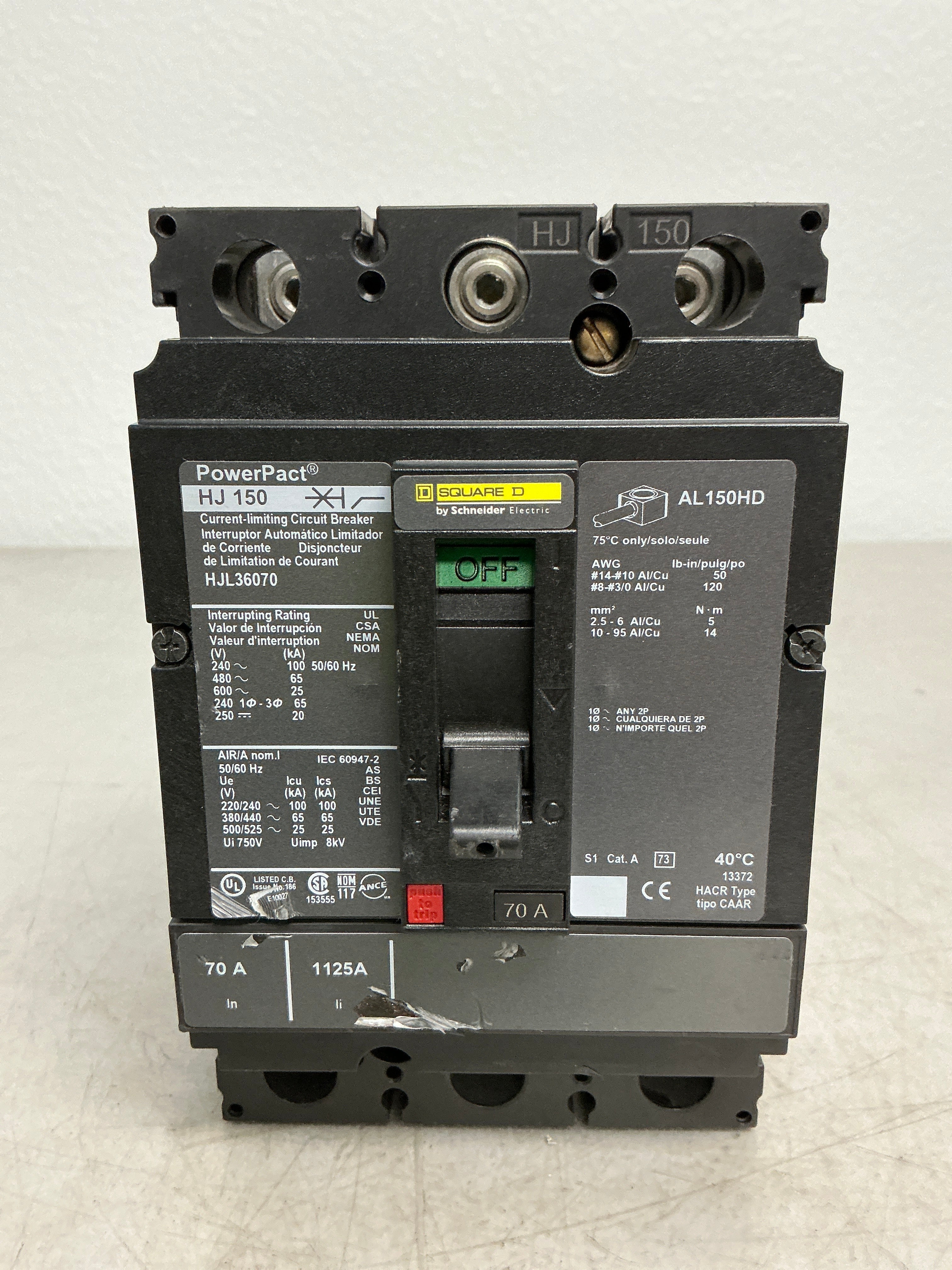 Used Square D HJL36070 3 Pole, 70 Amps, 600 Volts Circuit Breaker