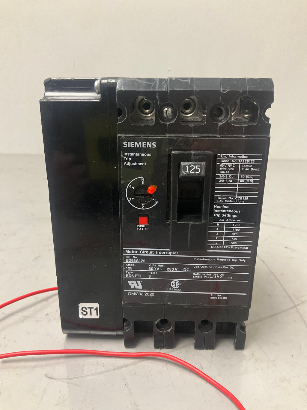 Used Siemens ED63A125 3 Pole, 125 Amps, 480 Volts Circuit Breaker