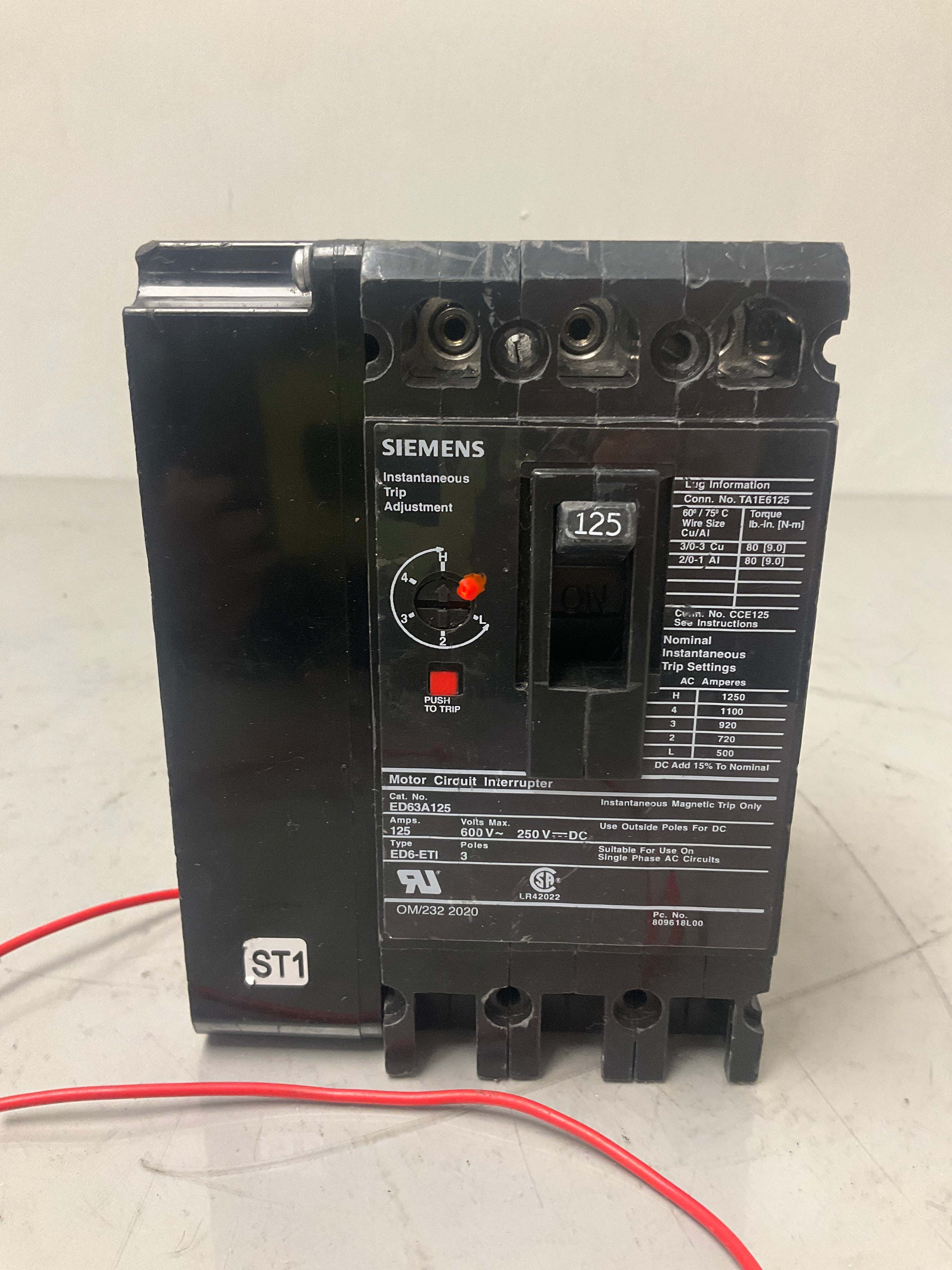 Used Siemens ED63A125 3 Pole, 125 Amps, 480 Volts Circuit Breaker