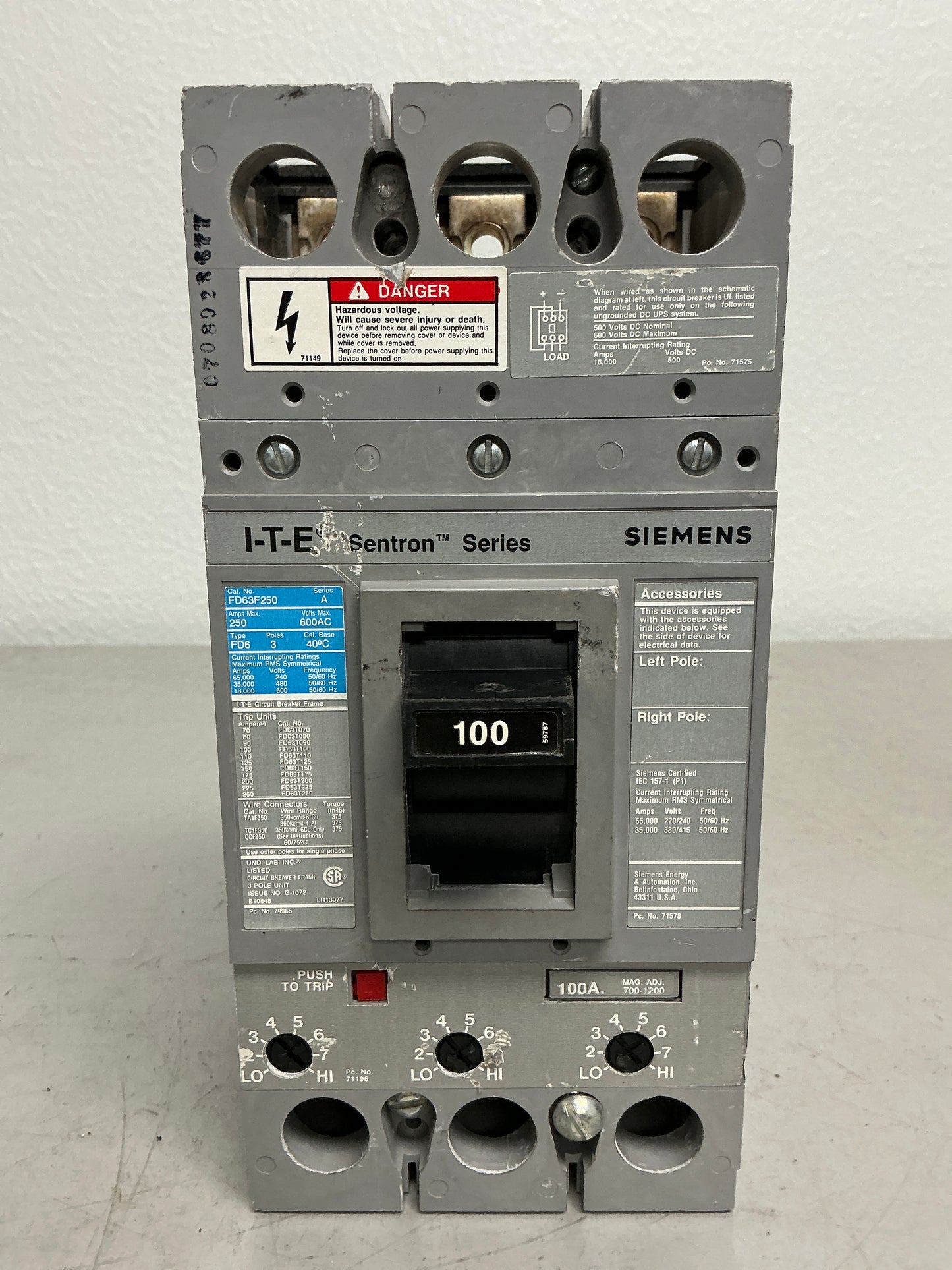 Used Siemens FD63B100 100 Amps, 3 Pole, 600 Volts Breaker