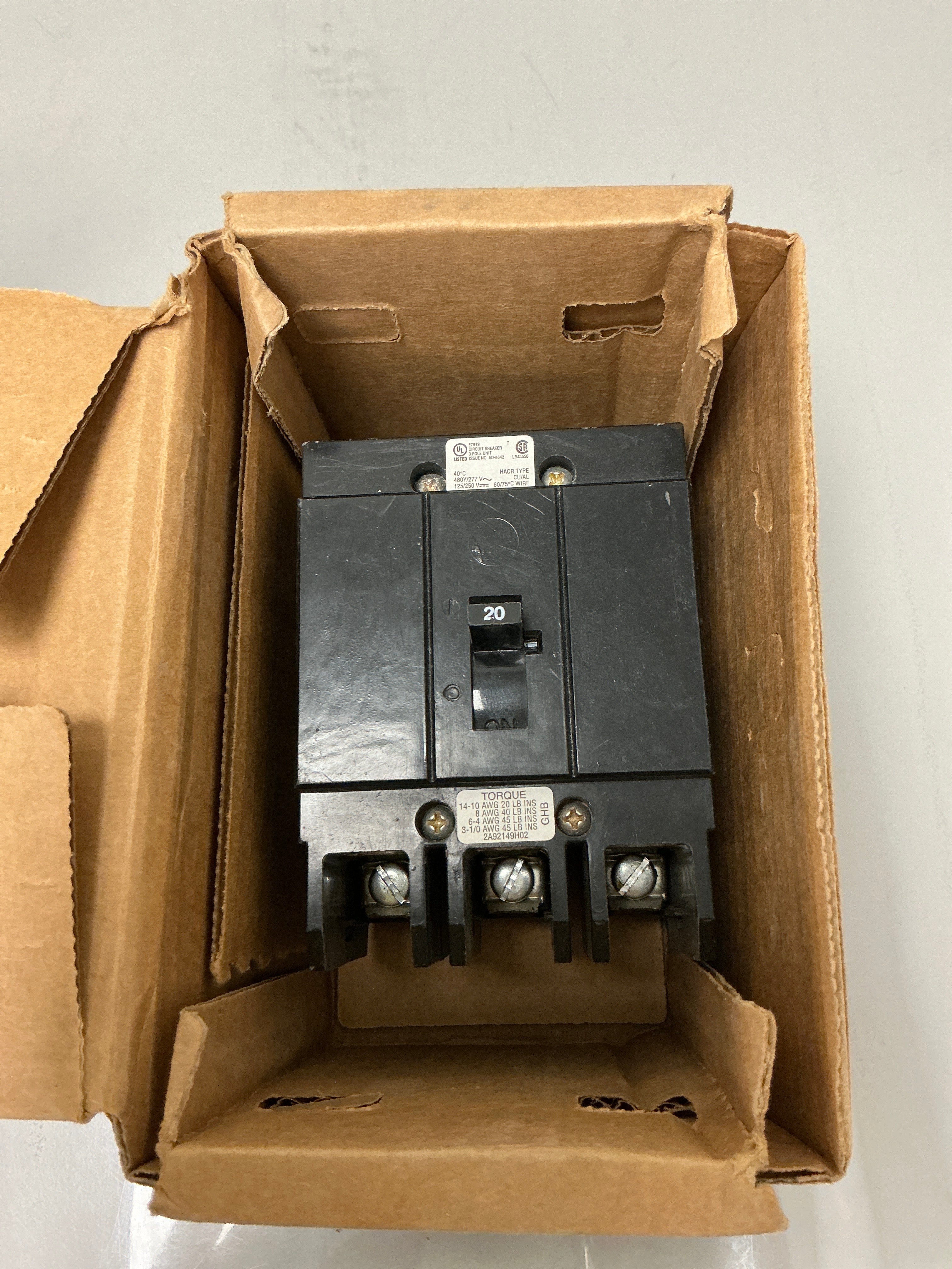 New Eaton GHB3020 3 Pole, 20 Amps, 480 Volts Circuit Breaker