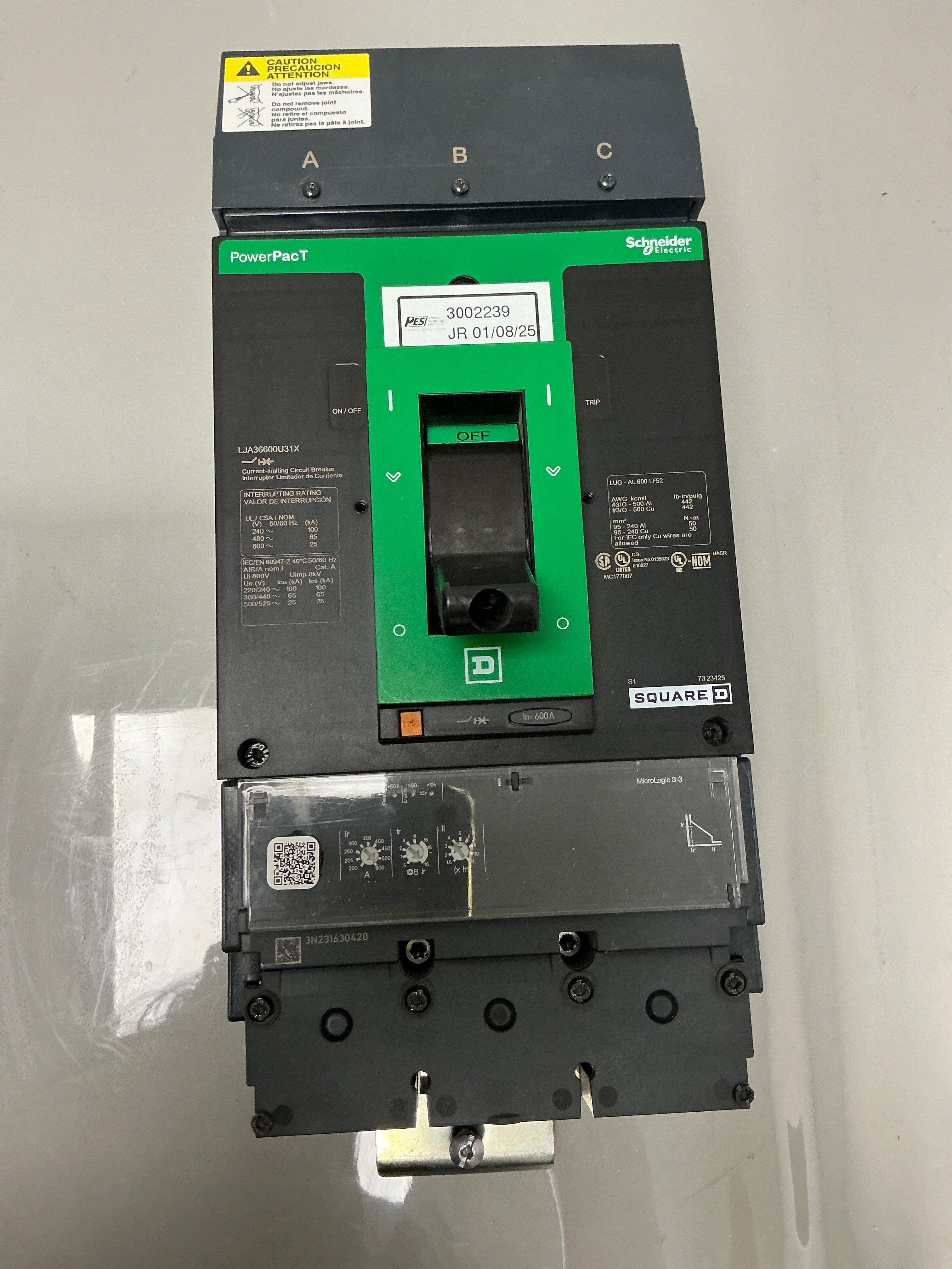 Used Square D LJA36600U31X 3 Pole, 600 Amps, 600 Volts Circuit Breaker