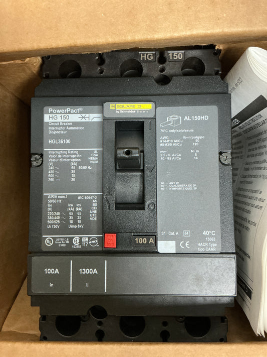 New  Square D HGL36100 3 Poles, 100 Amps, 600 Volts
