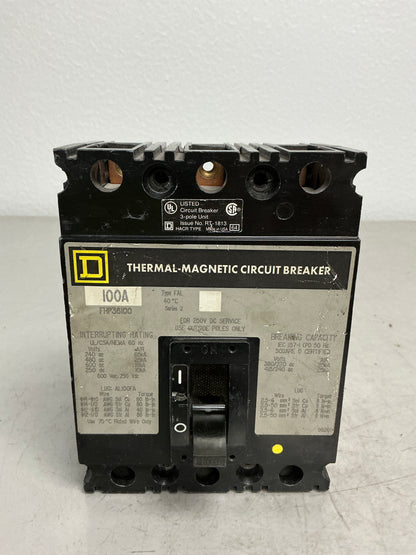 Used Square D FHP36100 3 Pole, 100 Amps, 600 Volts