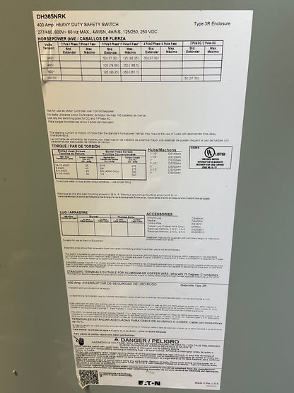 Used Cutler-Hammer DH365NRK Disconnect 400 Amp 600 Volt Fusible Outdoor