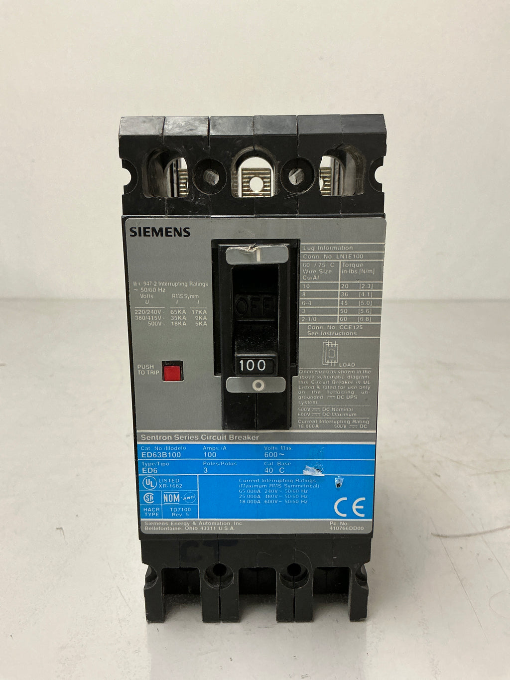 Used Siemens ED63B100 3 Pole, 100 Amps, 600 Volts Circuit Breaker