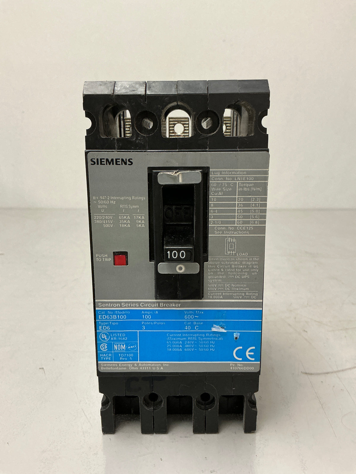 Used Siemens ED63B100 3 Pole, 100 Amps, 600 Volts Circuit Breaker