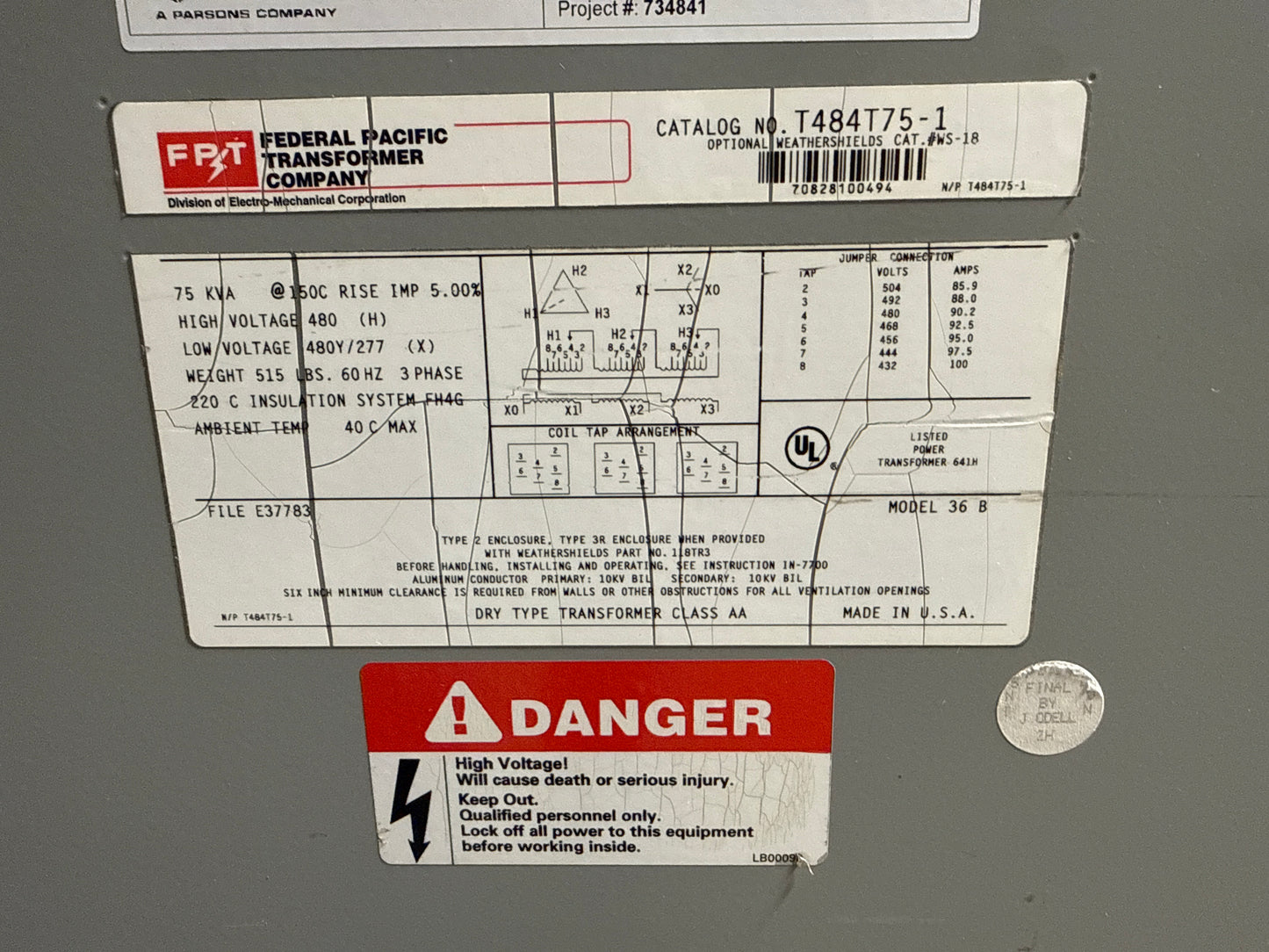 75 KVA Federal Pacific Transformer, Primary 480, Seconday 480/277 Volts (item#t8)