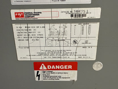 75 KVA Federal Pacific Transformer, Primary 480, Seconday 480/277 Volts (item#t8)
