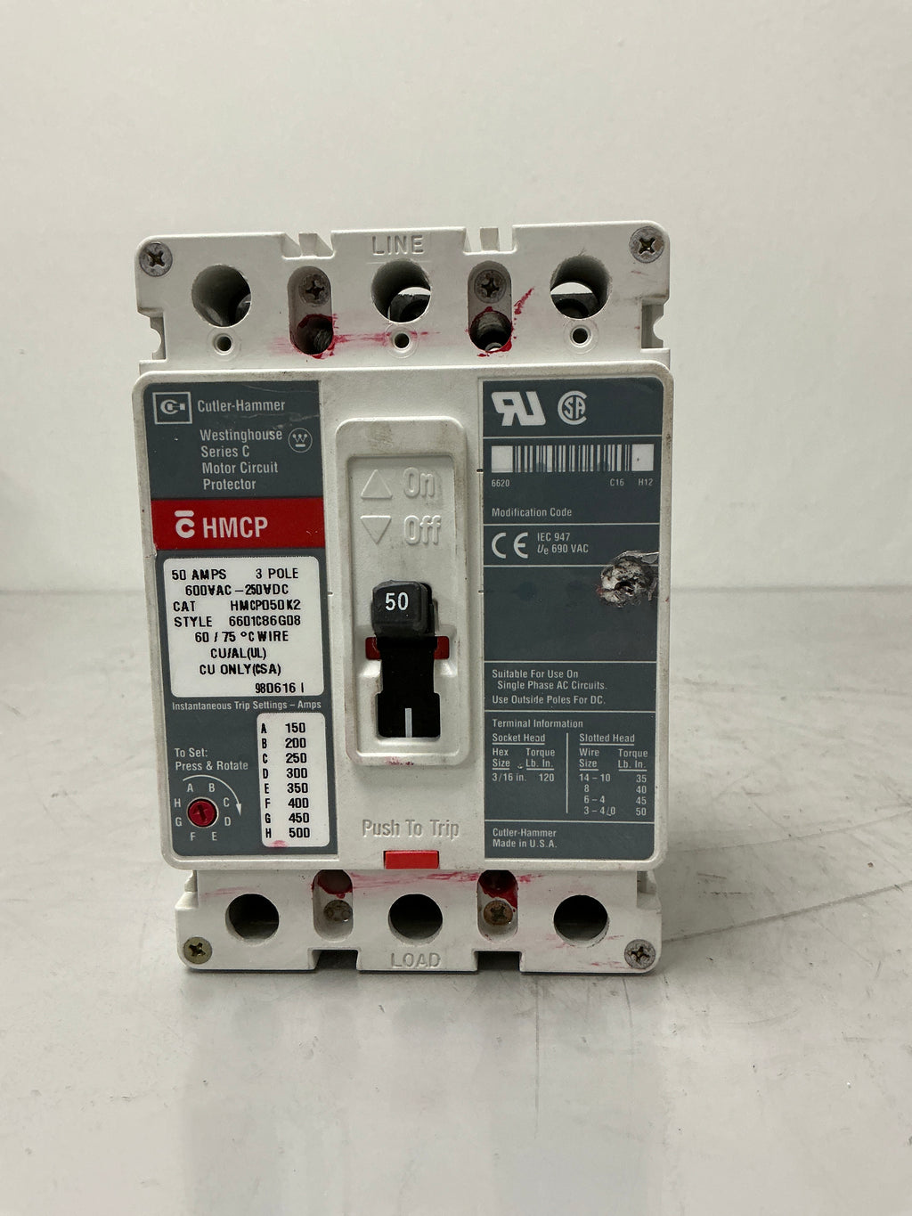 Used Cutler-Hammer HMCPE050K2 3 Pole, 50 Amps, 480 Volts Circuit Breaker
