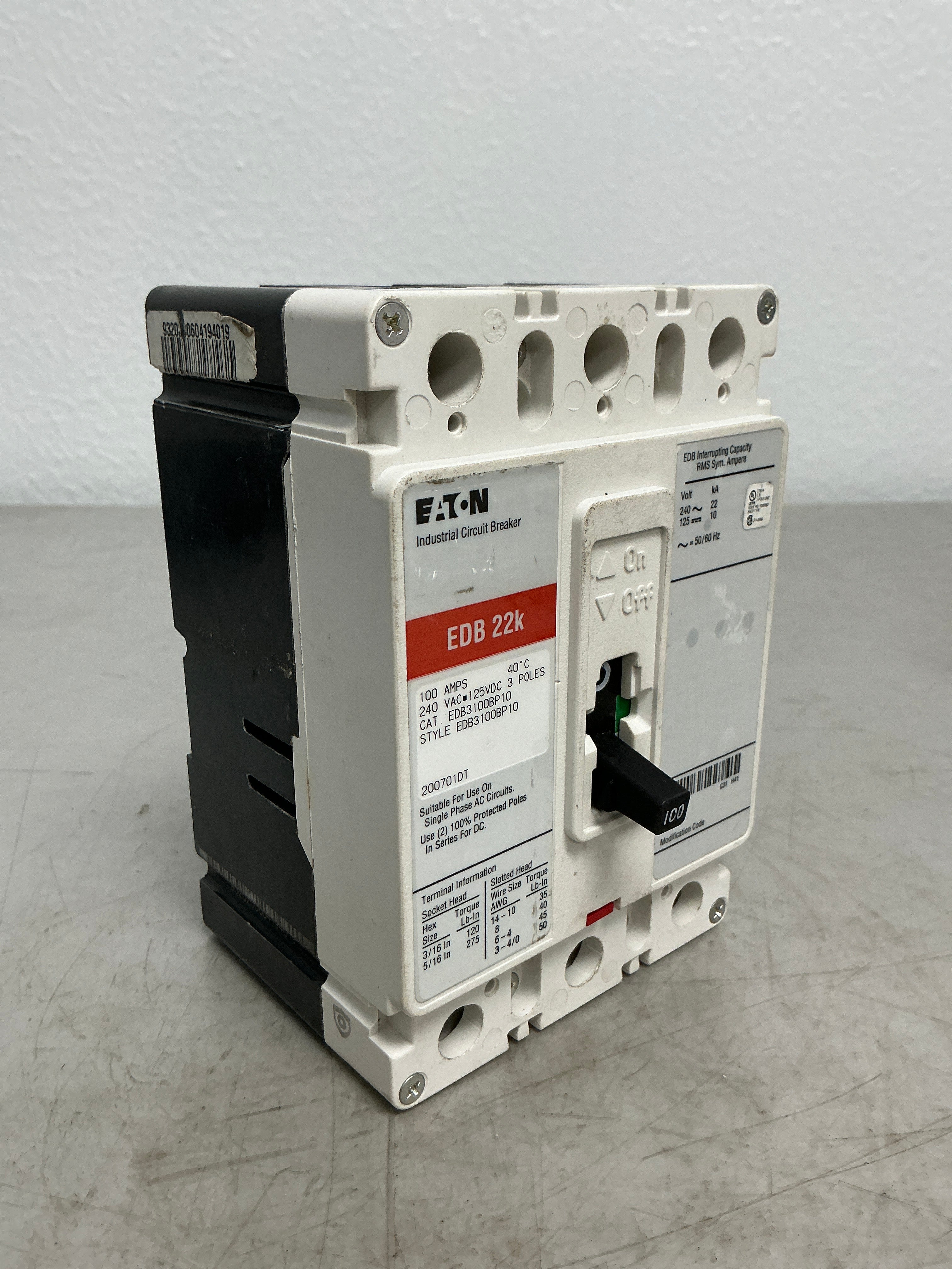 Used Eaton EDB3100BP10 3 Pole, 100 Amps, 240 Volts Circuit Breaker