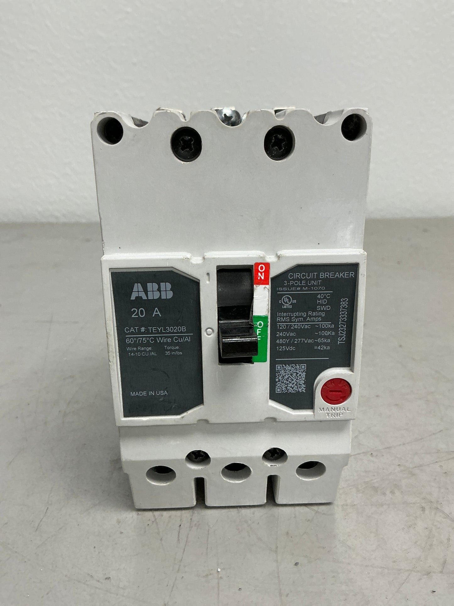 Used ABB TEYL3020B 3 Pole, 20 Amps, 480 Volts