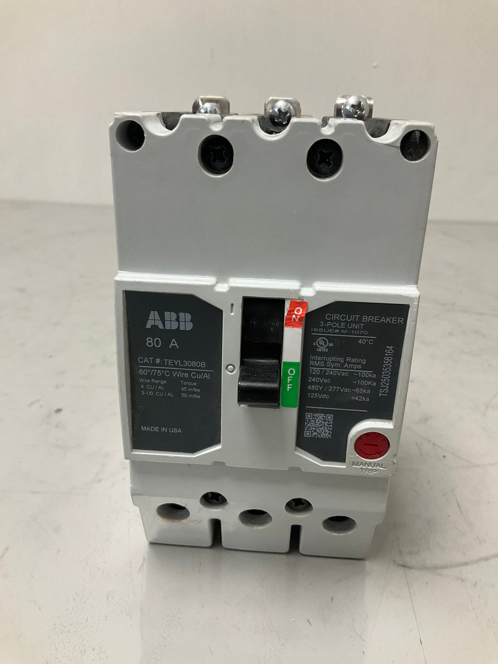 Used TEYL3080B 3 Pole, 80 Amps, 480 Volts Circuit Breaker