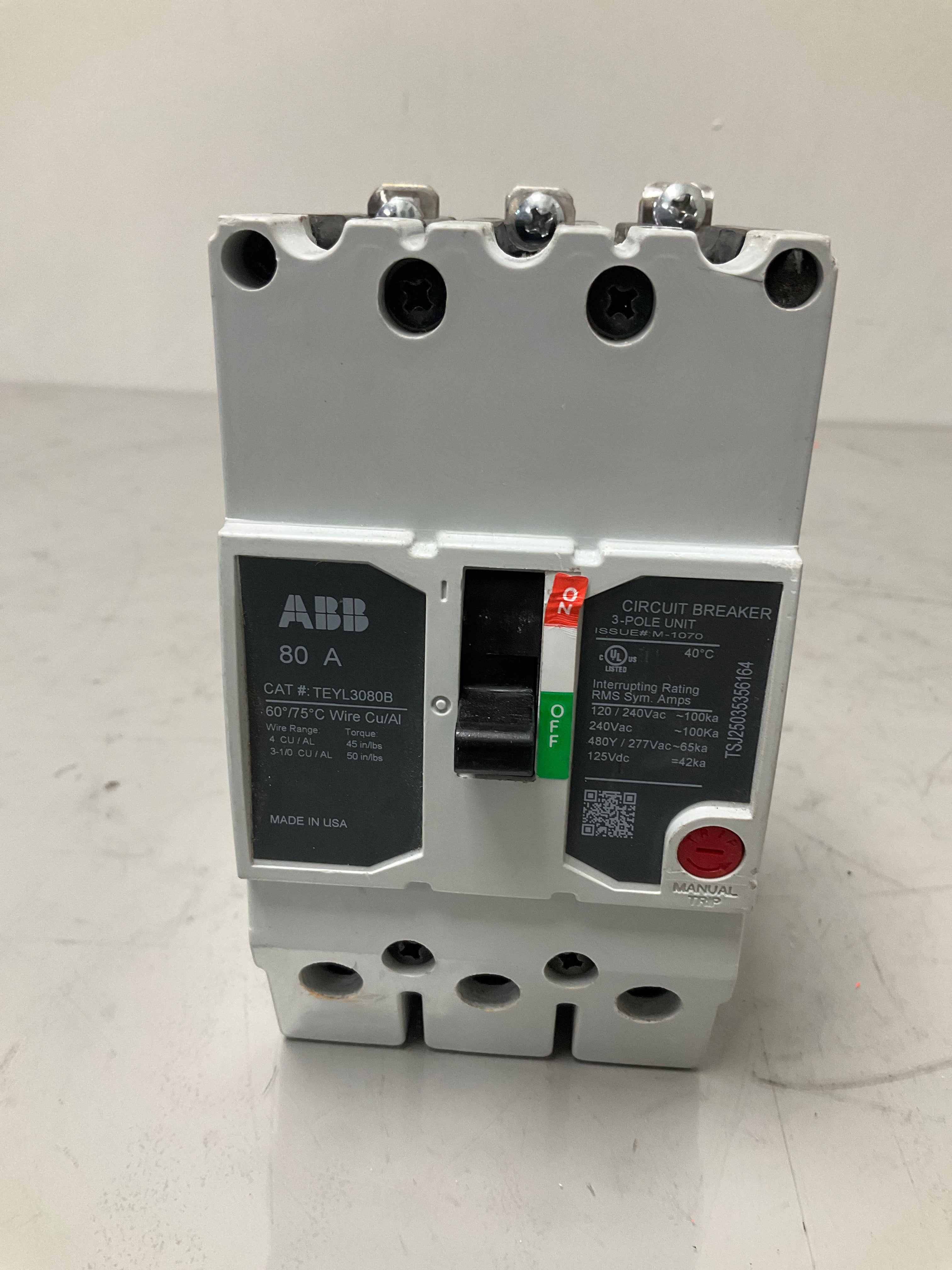 Used TEYL3080B 3 Pole, 80 Amps, 480 Volts Circuit Breaker