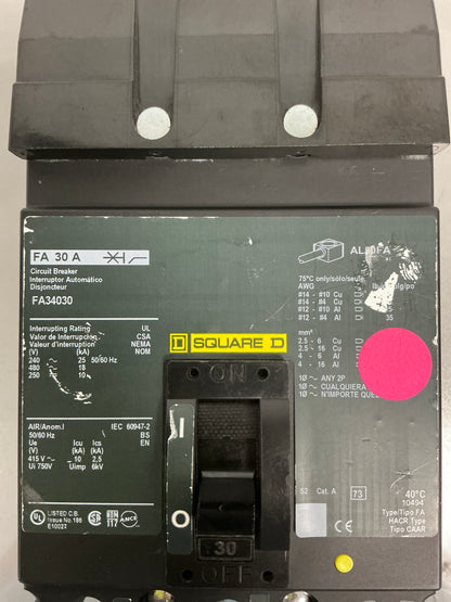 *CHIPPED* Used Square D FA34030 3 Pole, 480 Volts, 30 Amps