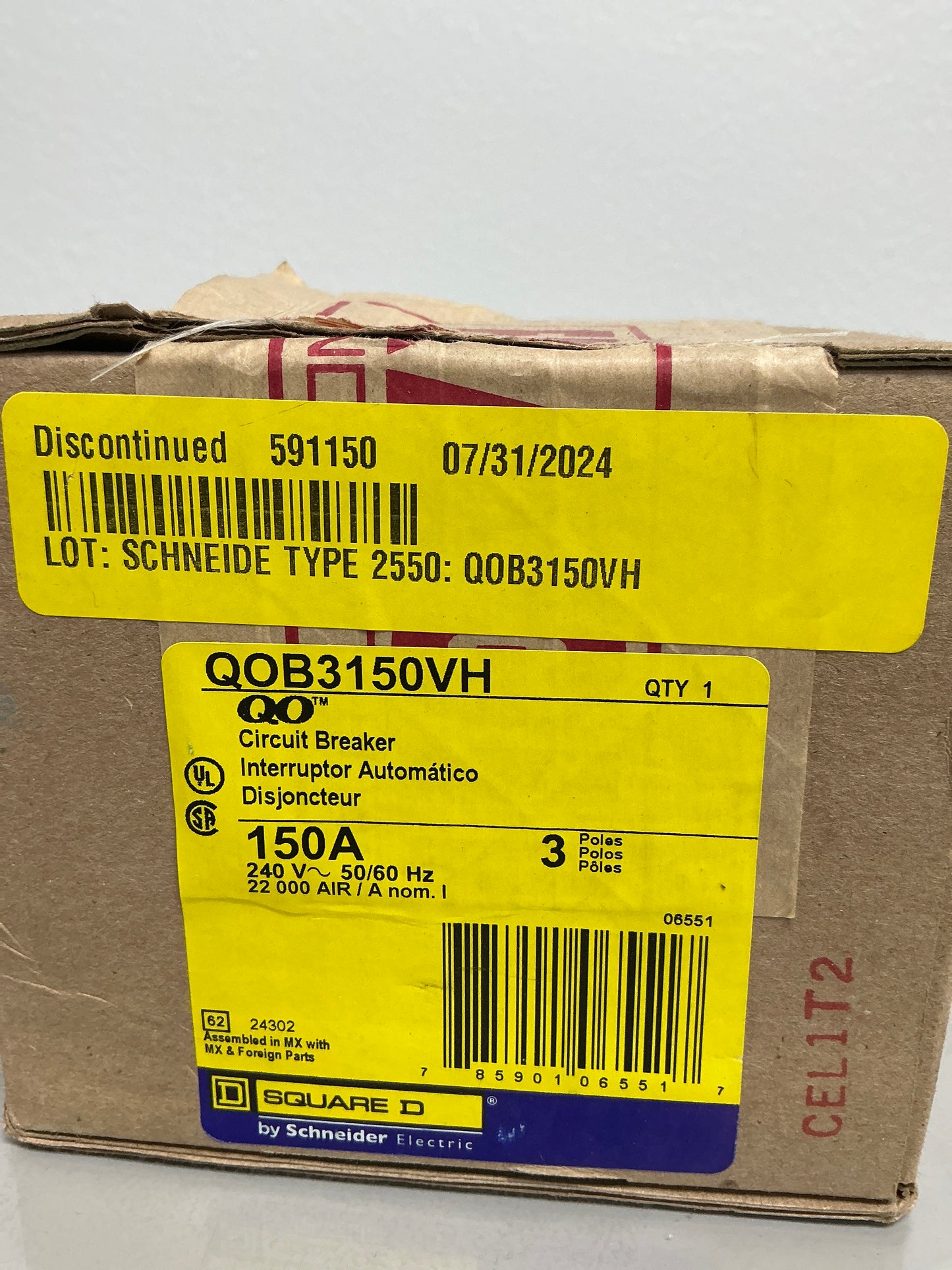 New Square D QOB3150VH 150 Amps, 3 Poles, 240 Volts