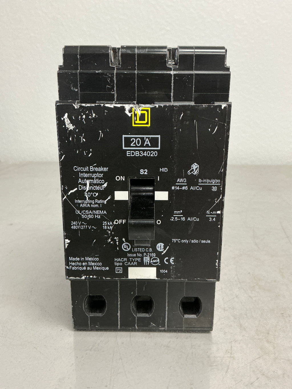 Used Square D EDB34020 3 Pole, 20 Amps, 480 Volts