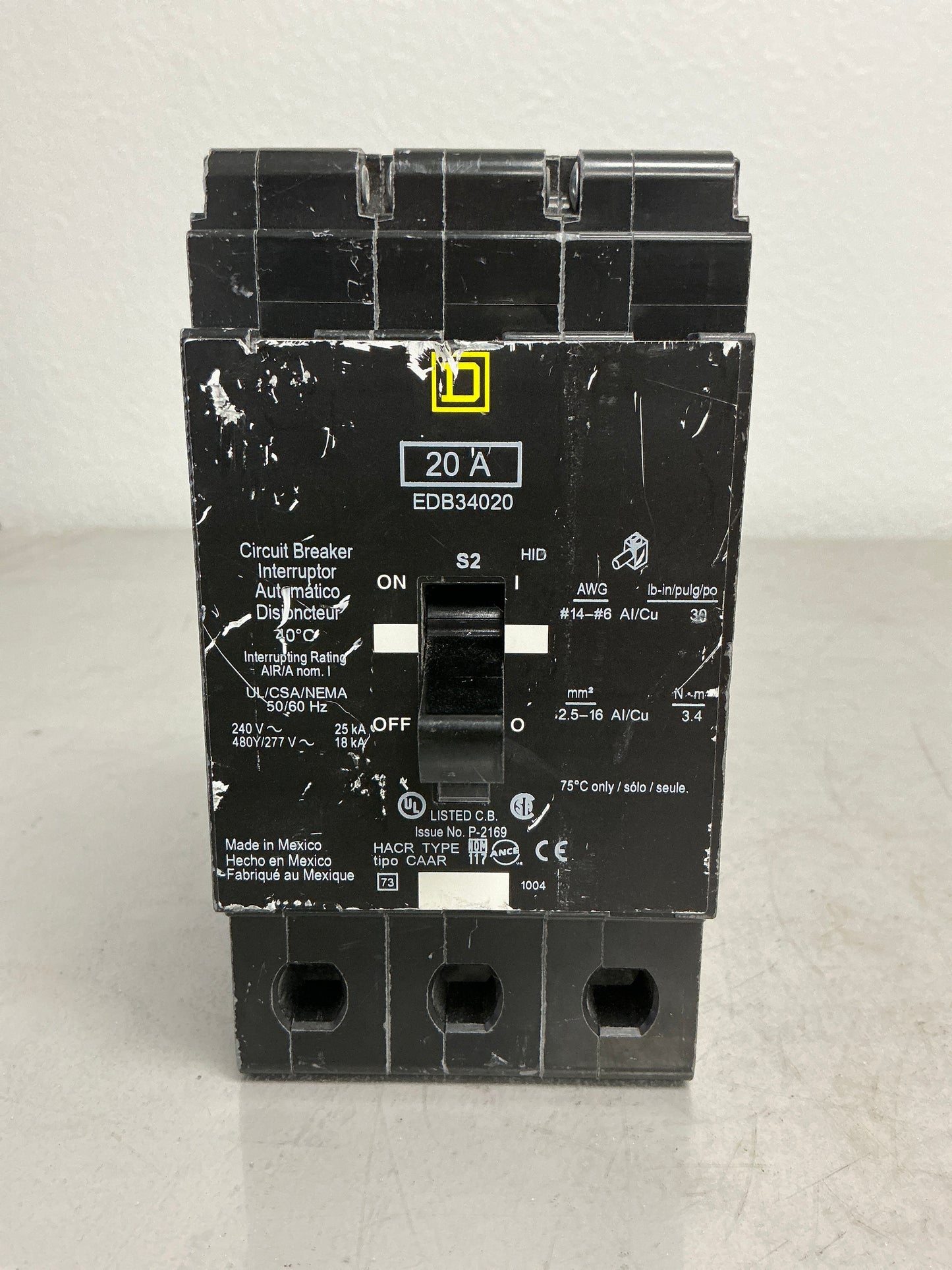 Used Square D EDB34020 3 Pole, 20 Amps, 480 Volts
