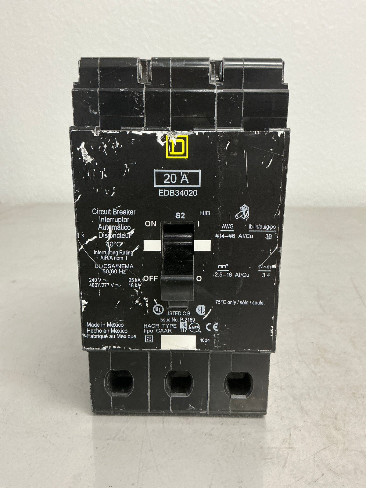 Used Square D EDB34020 3 Pole, 20 Amps, 480 Volts