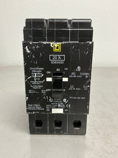 Used Square D EDB34020 3 Pole, 20 Amps, 480 Volts