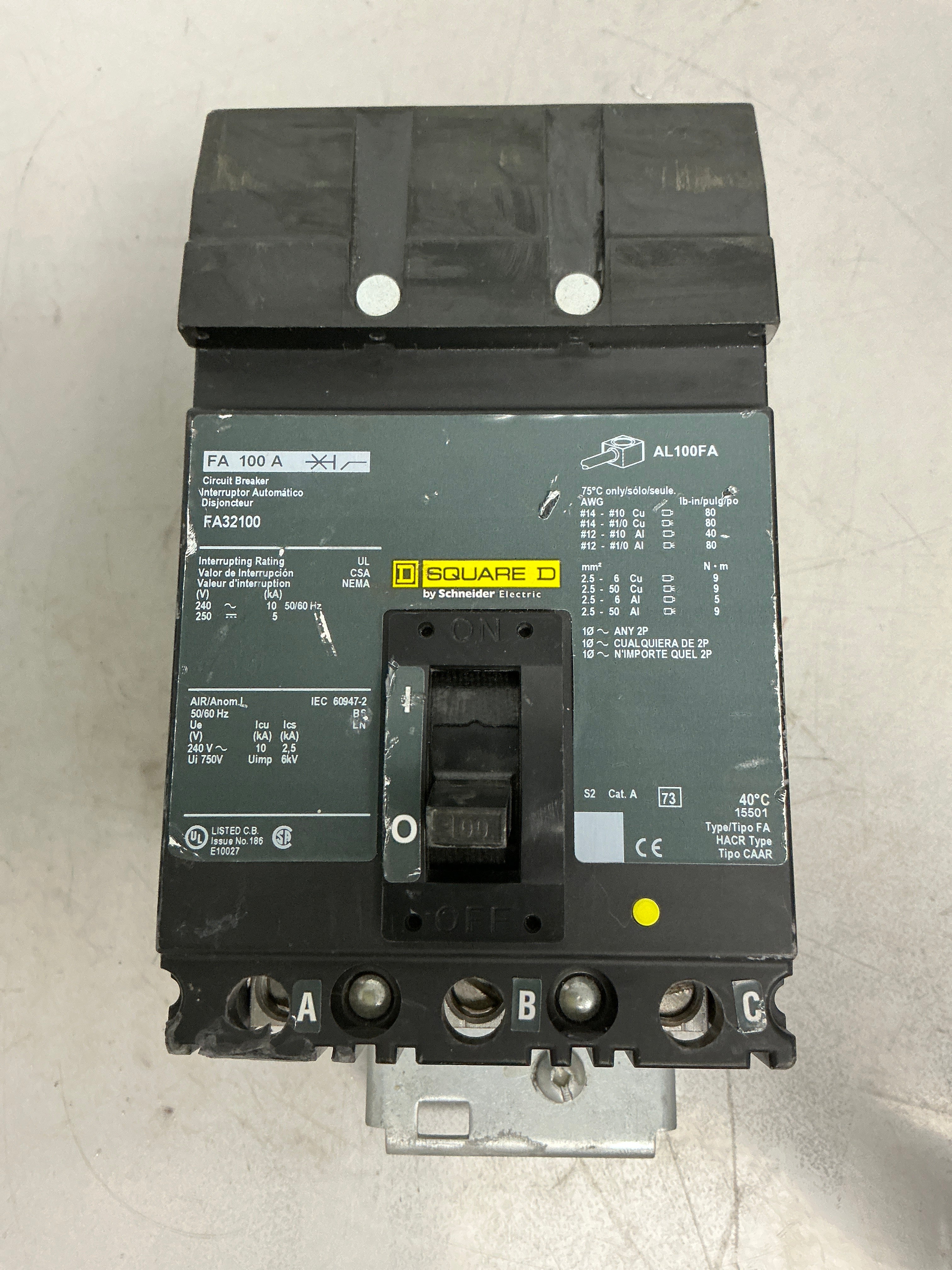 Used Square D FA32100 3 Pole, 100 Amps, 480 Volts Circuit Breaker