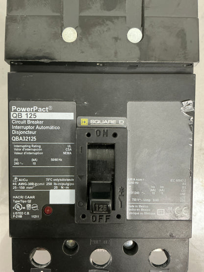 Used Square D QBA32125 3 Pole, 125 Amps, 240 Volts