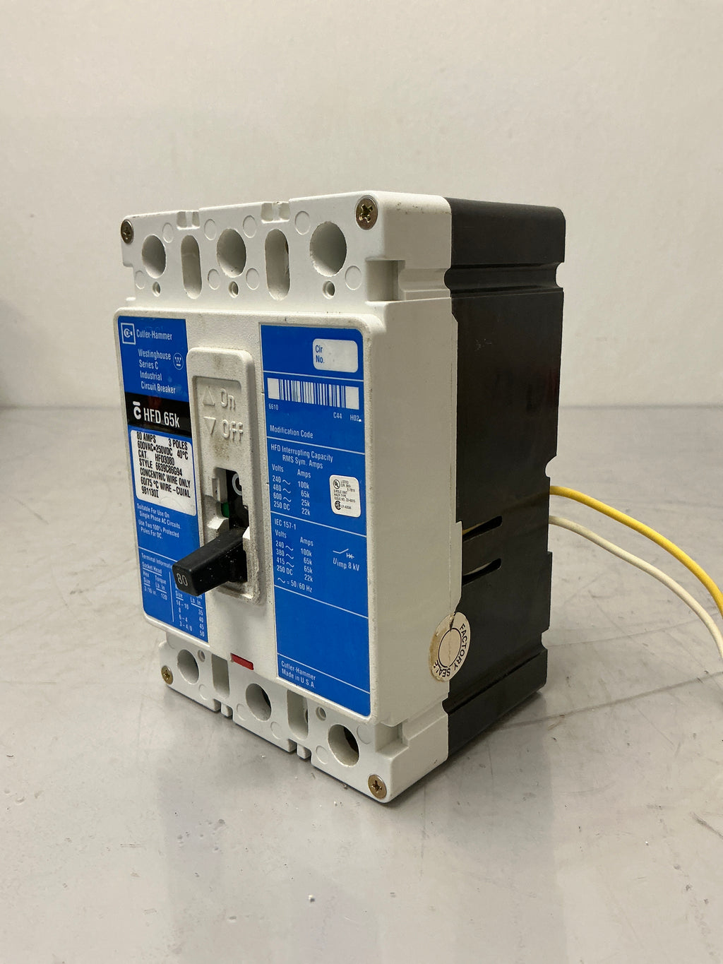 Used Cutler-Hammer HFD3080 with Shunt Trip 3 Pole, 80 Amps, 600 Volts Circuit Breaker