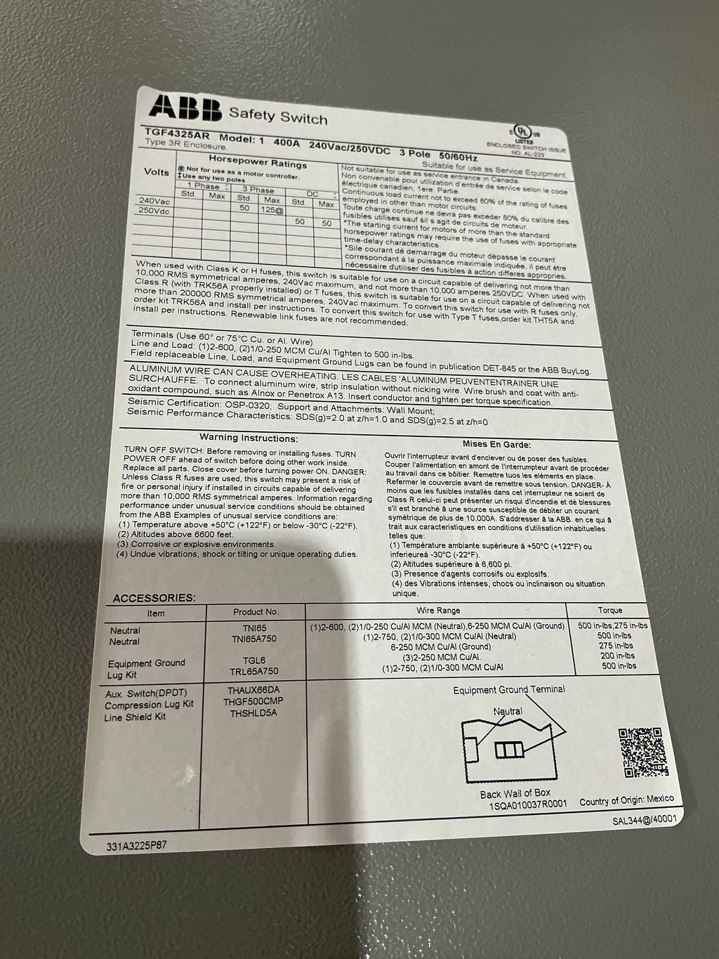 New TGF4325AR 3 Pole, 400 Amps, 240 Volts Fused Disconnect Outdoor Enclosure