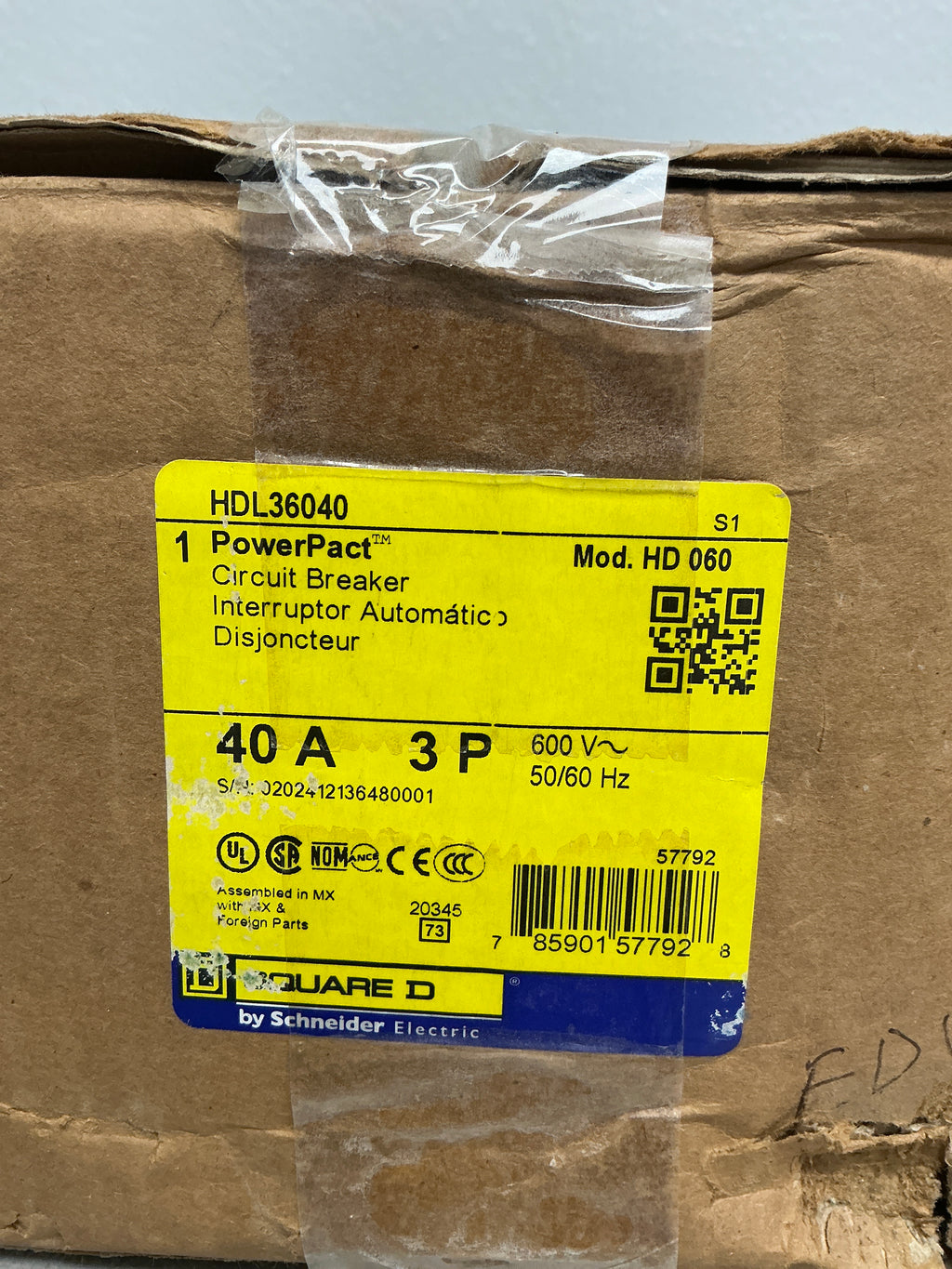 New Square D HDL36040 3 Pole, 40 Amps, 600 Volts Circuit Breaker