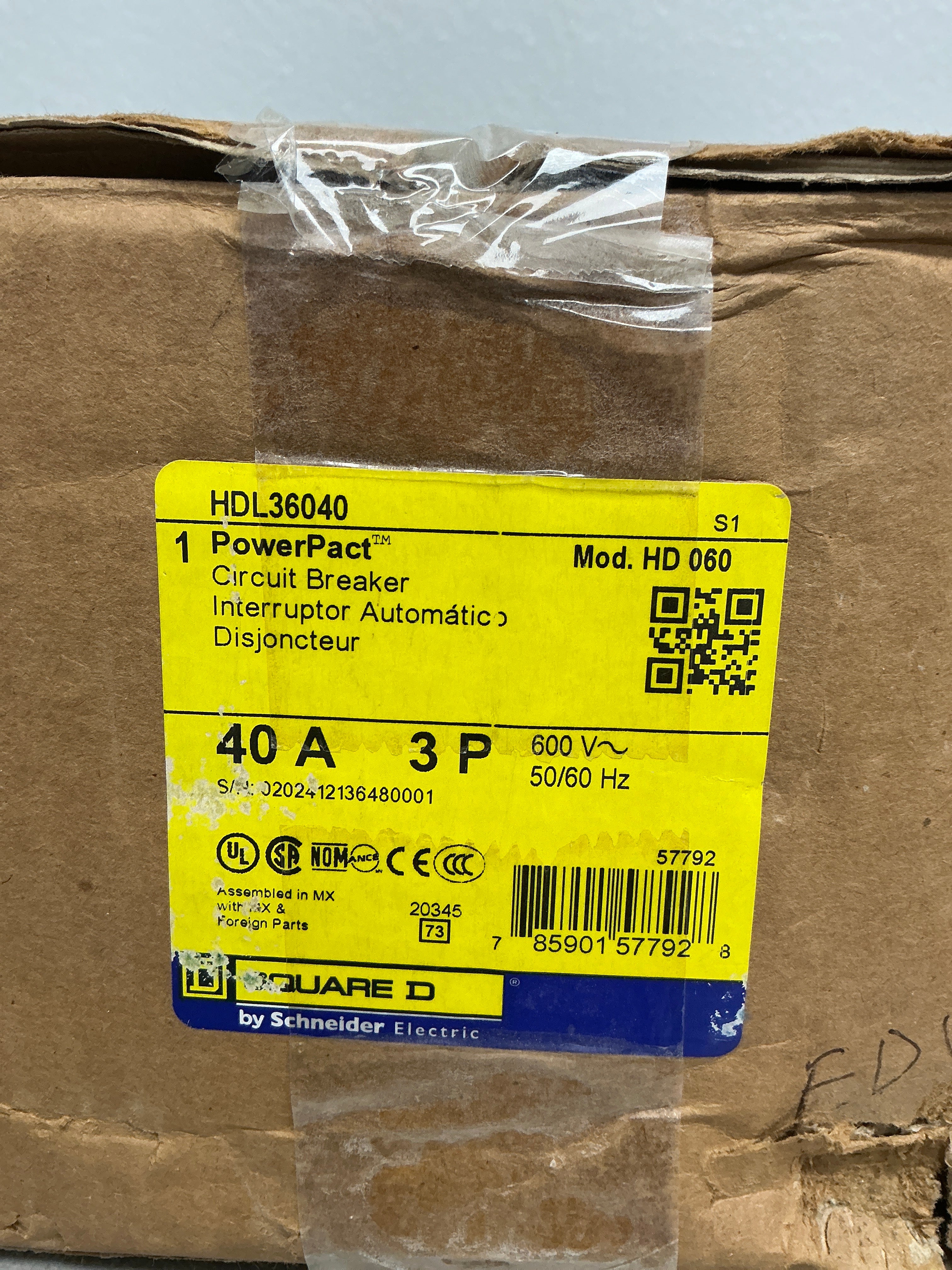 New Square D HDL36040 3 Pole, 40 Amps, 600 Volts Circuit Breaker
