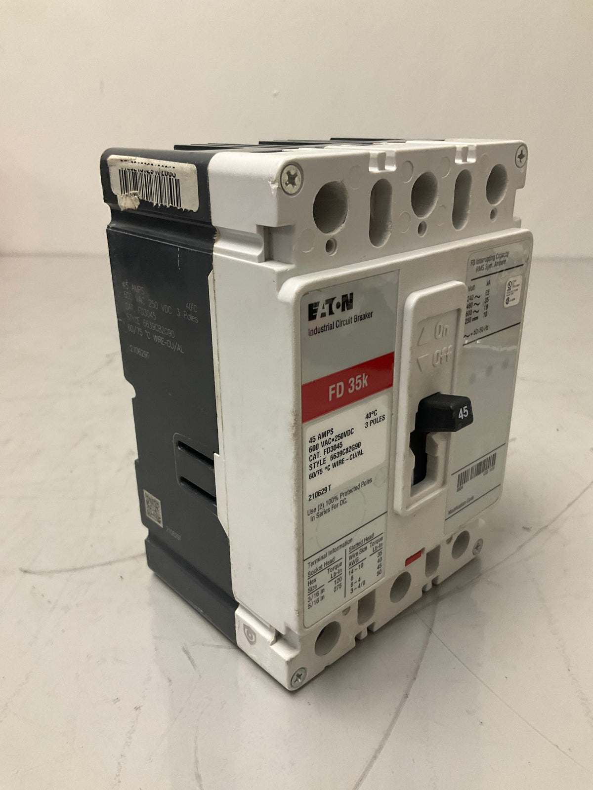 New Eaton FD3045 3 Pole, 45 Amps, 600 Volts Circuit Breaker