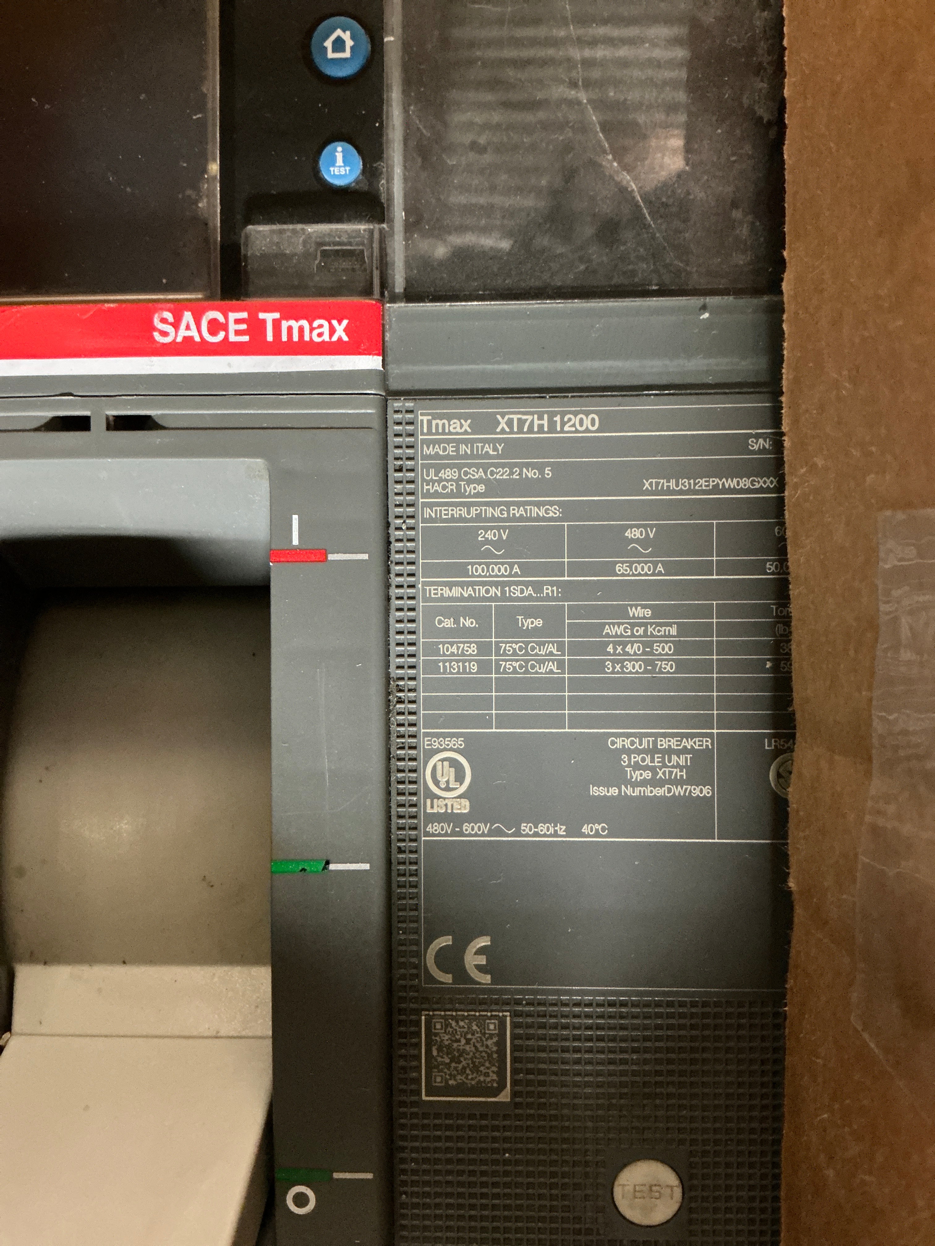 New ABB SACE TMAX XT7 H 1200 3 Pole Circuit Breaker
