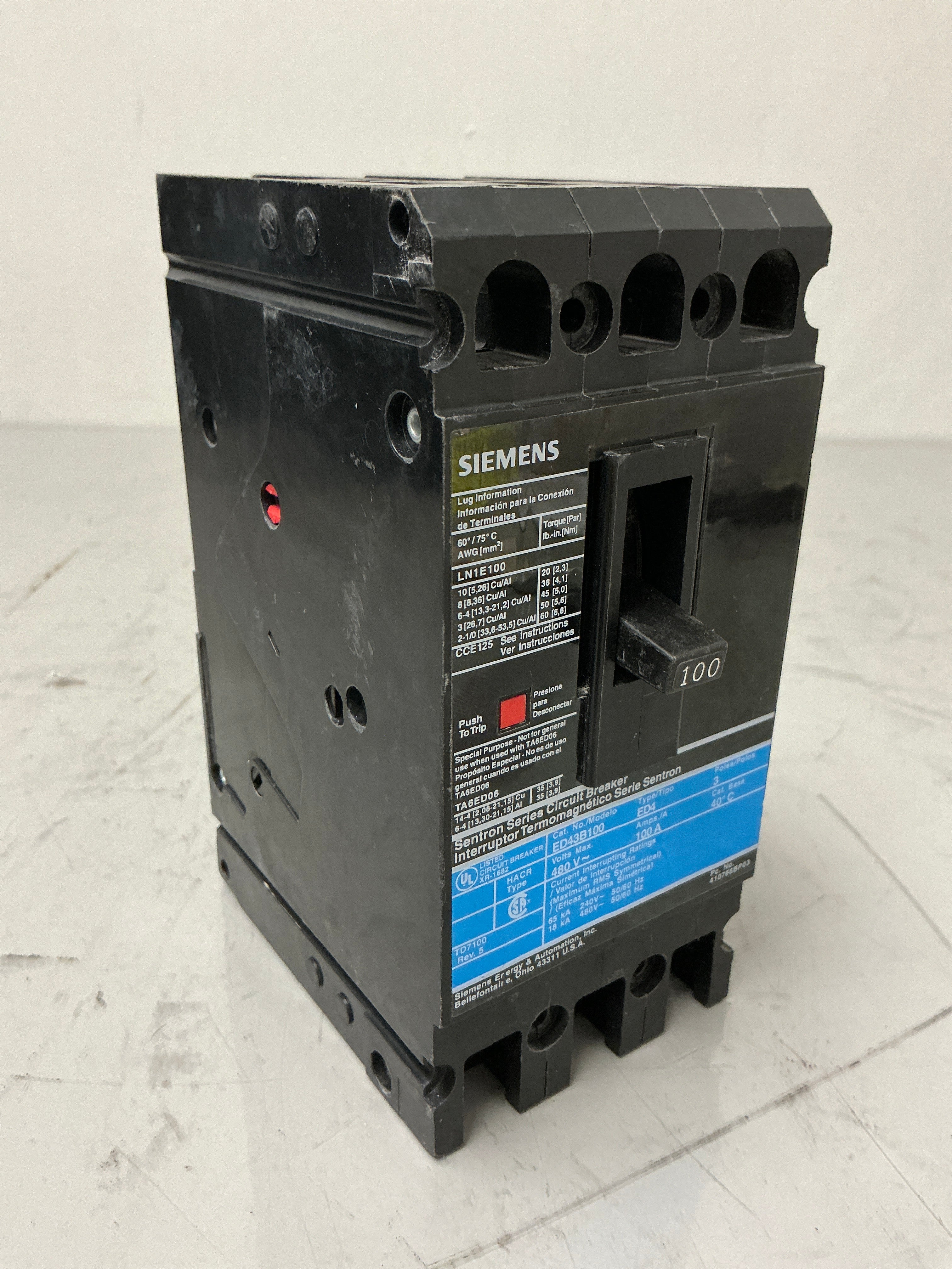 Used Siemens ED43B100 3 Pole, 100 Amps, 480 Volts Circuit Breaker