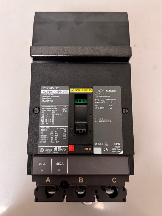 Used Square D HJA36020 20 Amp, 3 Pole, 600 Volt Breaker
