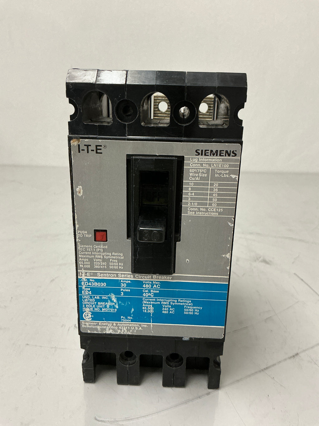 Used Siemens ED43B030 3 Pole, 30 Amps, 480 Volts Circuit Breaker