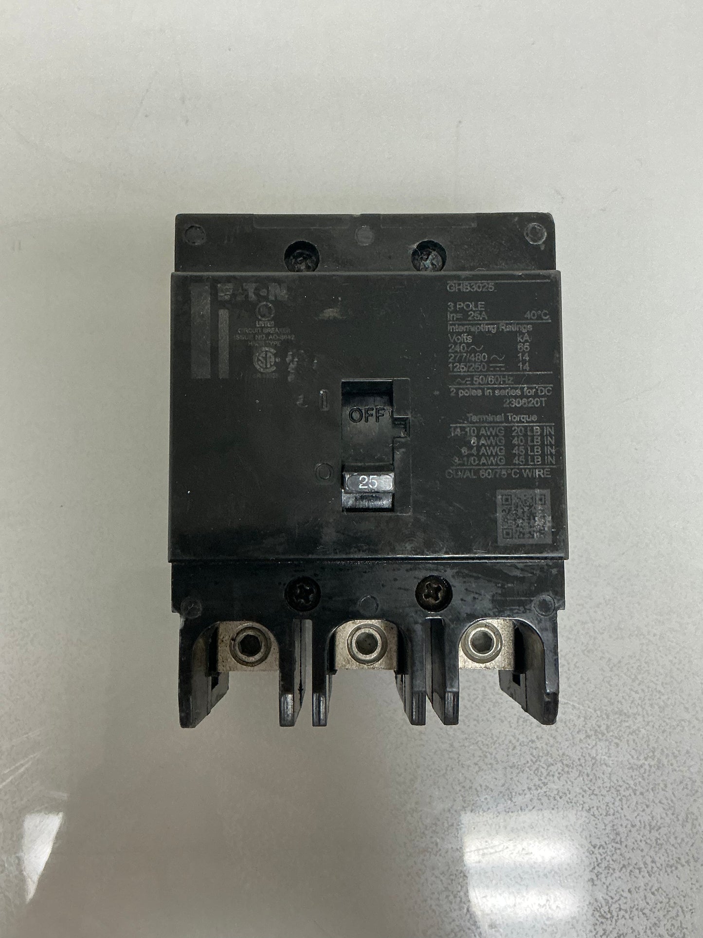 Used Eaton GHB3025 25 Amp, 3 Pole, 480 Volt Breaker